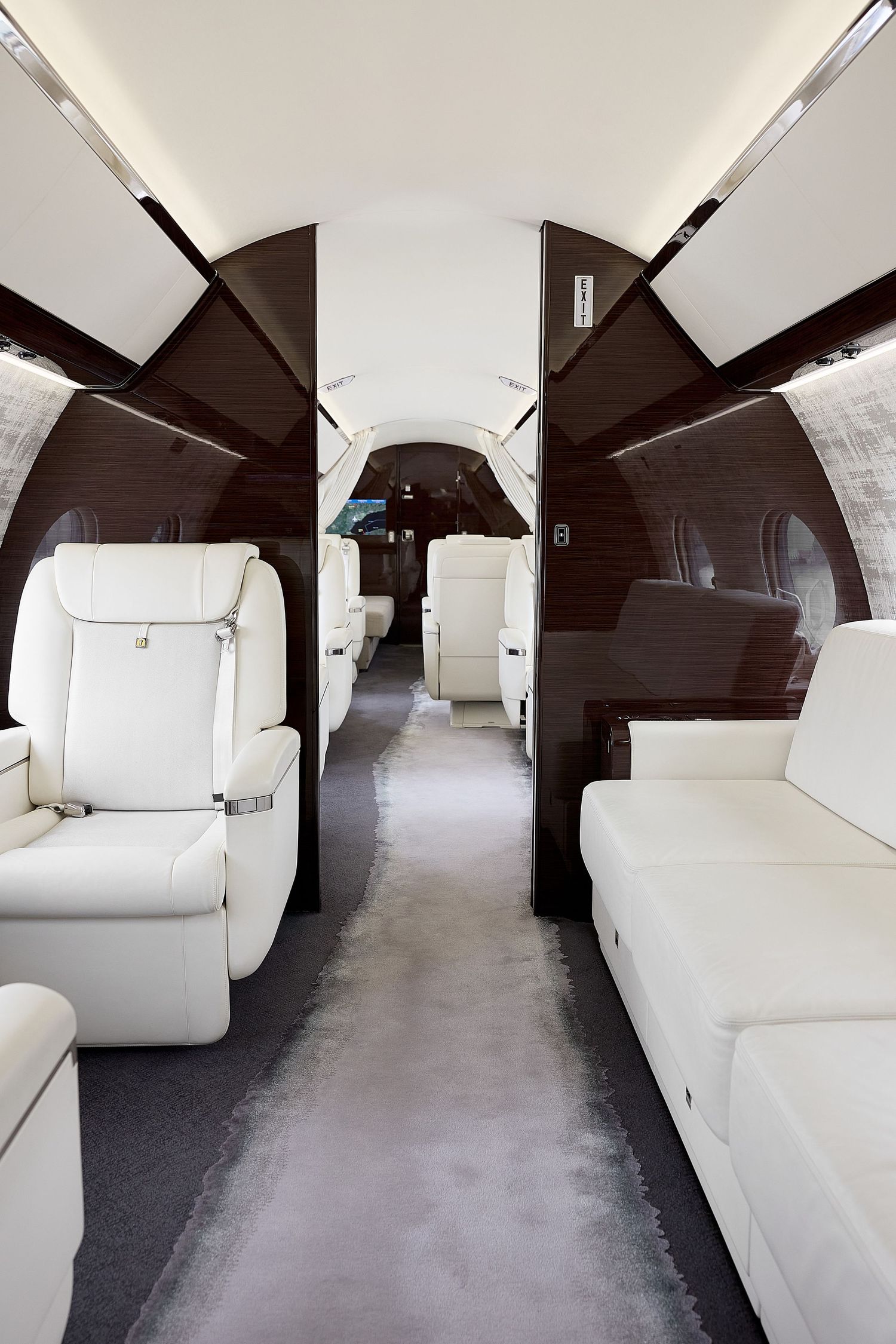 Luxurious jet cabin corridor with white leather seats and dark wood paneling.