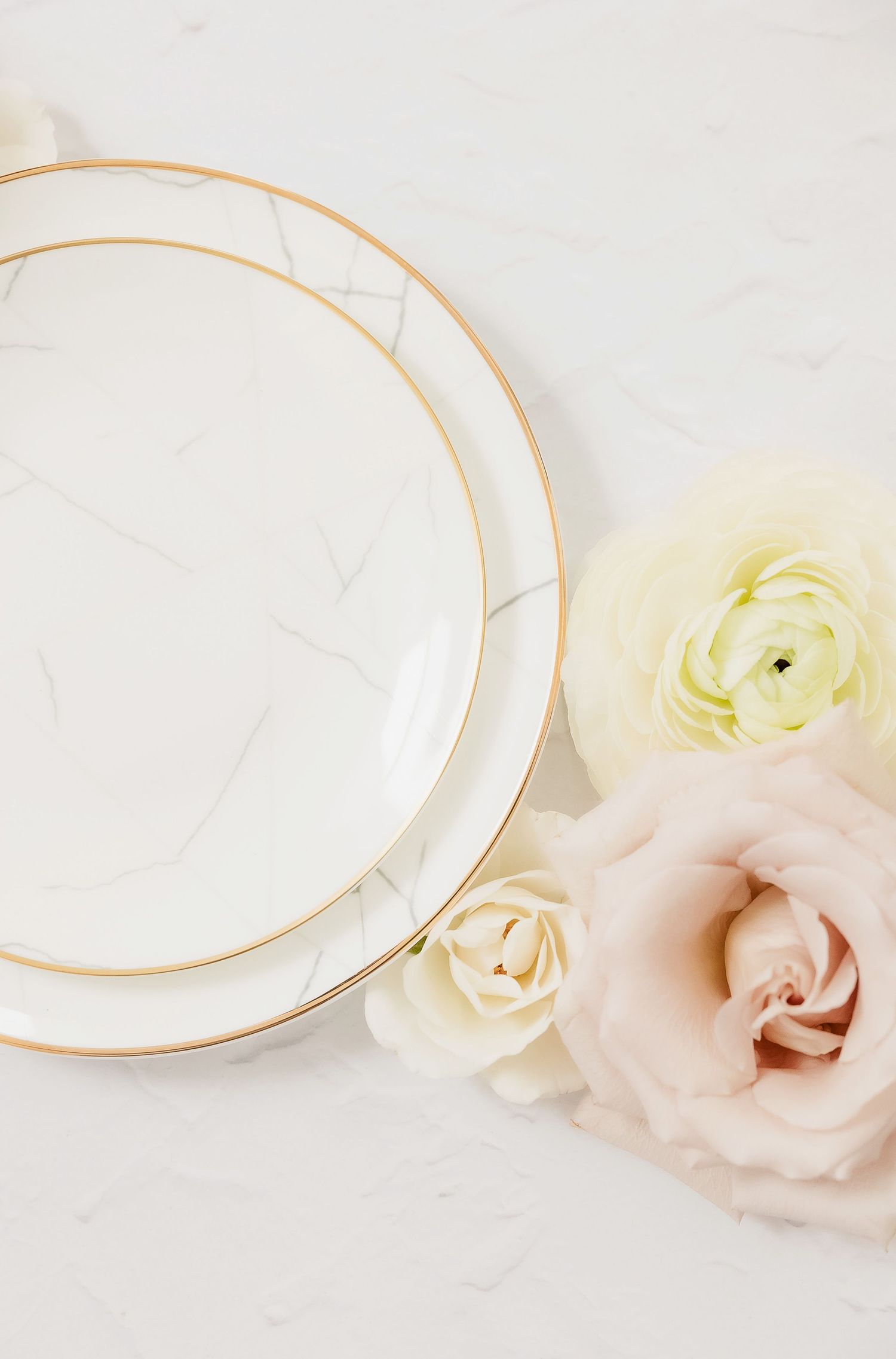 White plates with gold rim detail accompanied by soft pink and cream roses.