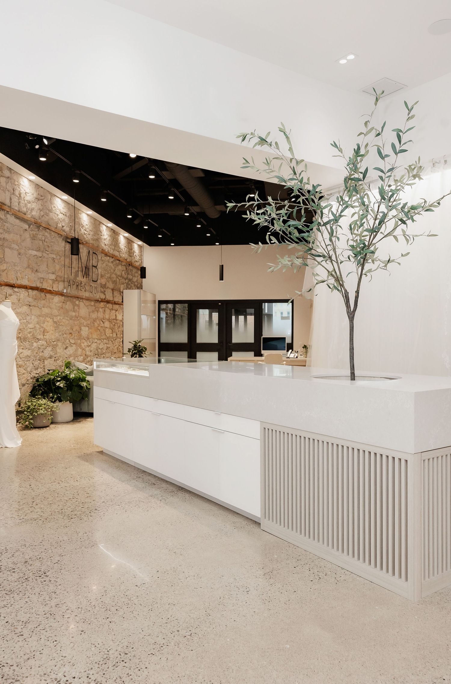 Modern white hallway with stone walls, terrazzo flooring and decorative plants.