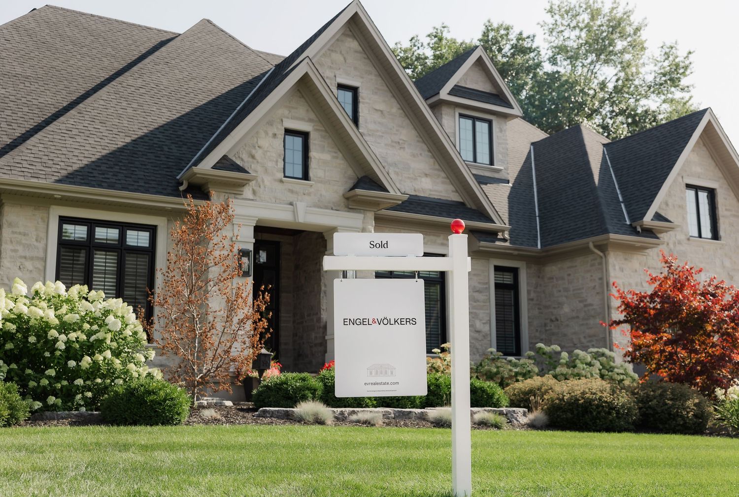 Row of suburban homes with real estate signs in their front yards.