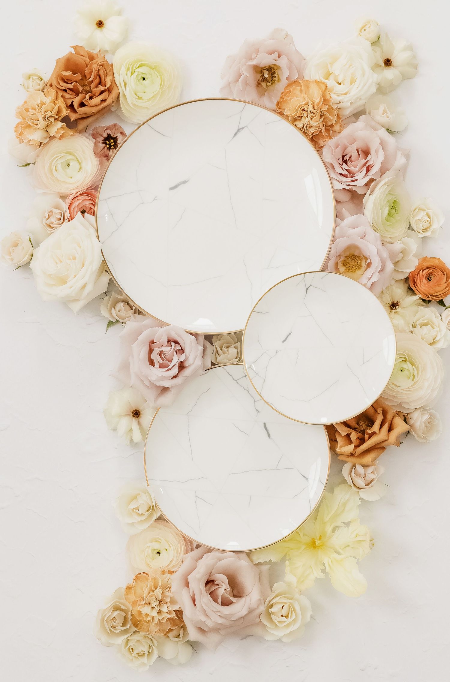 White ceramic plates arranged artistically among peach and cream colored roses.