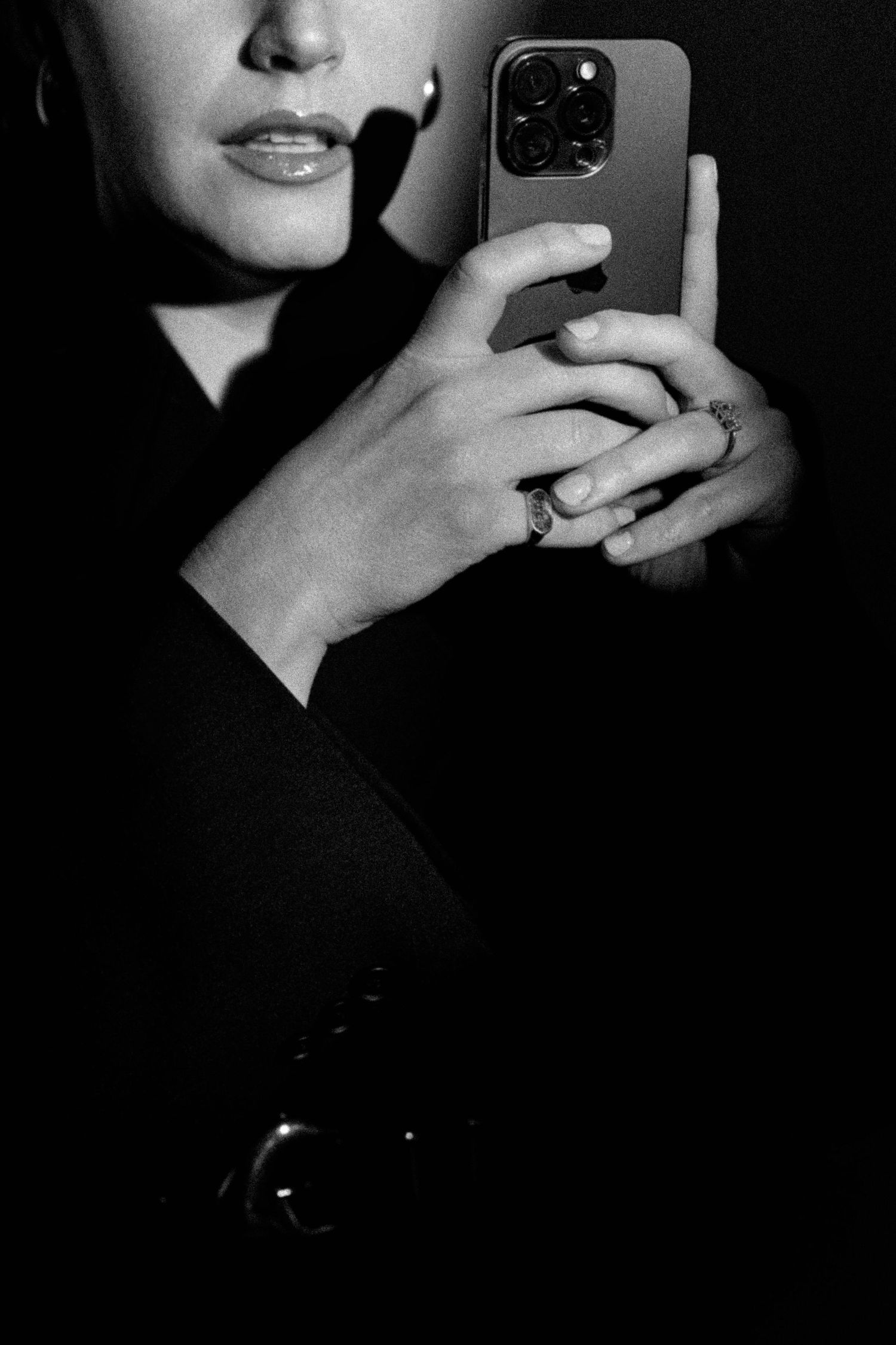 Close-up black and white self-portrait series with phone camera.