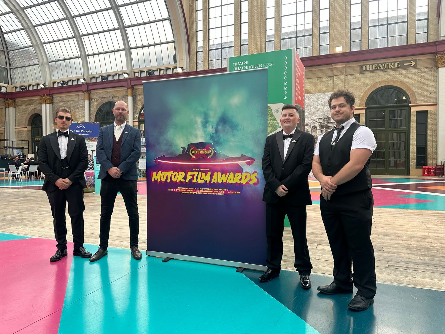 A series of formal event photos showing people in suits and formal attire standing together at various indoor venues.