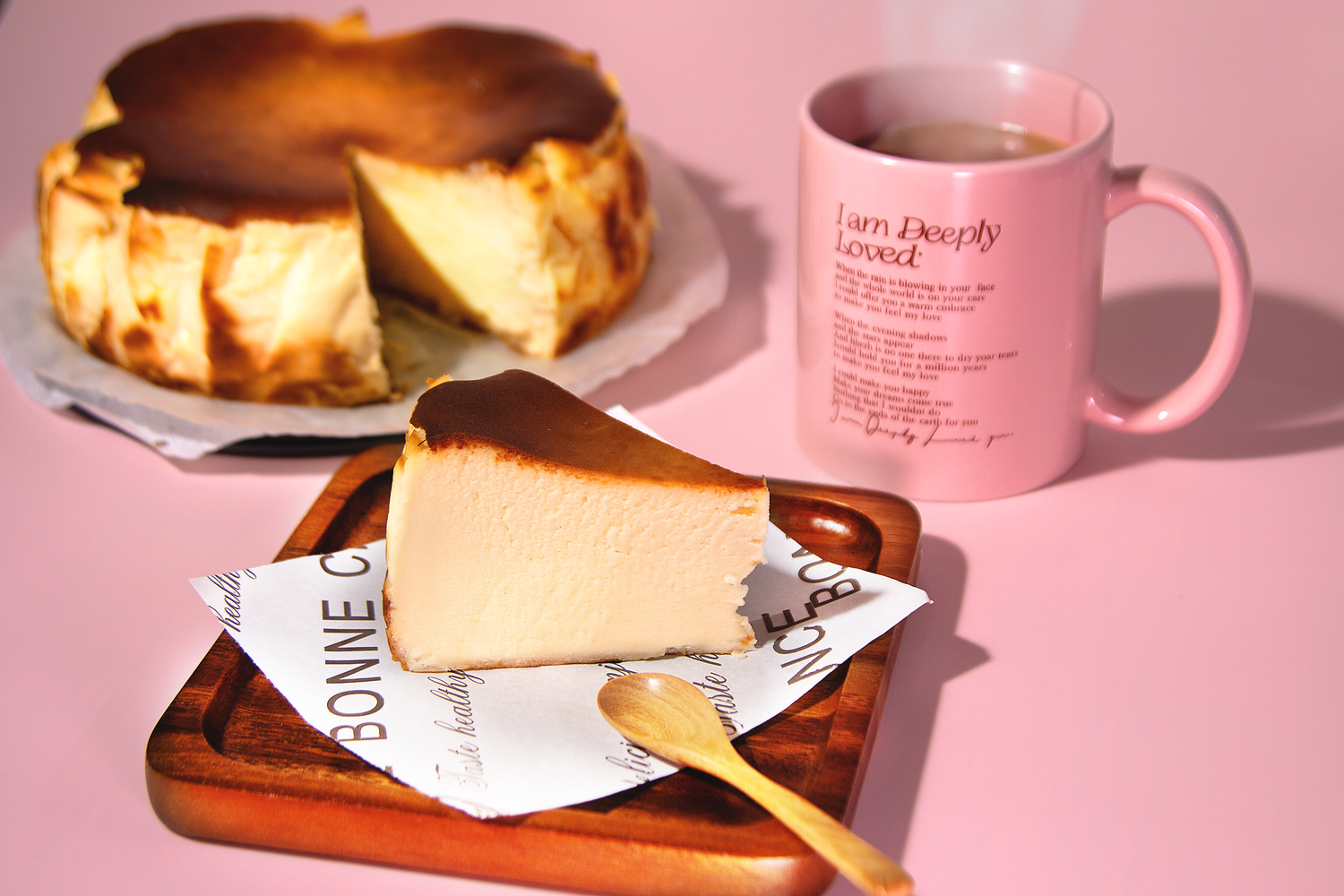 Commercial food photography featuring cheesecake and coffee styled for café marketing and social media content.