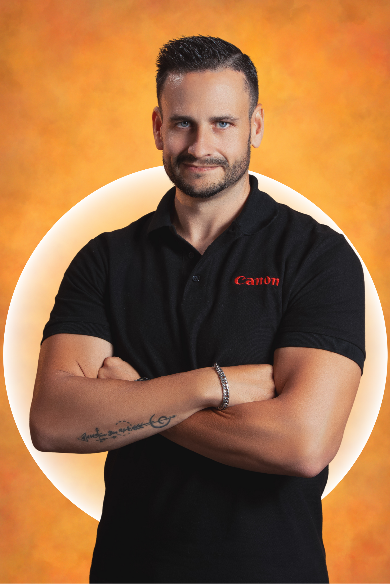 Professional business headshot featuring a fitness coach photographed with warm studio lighting.