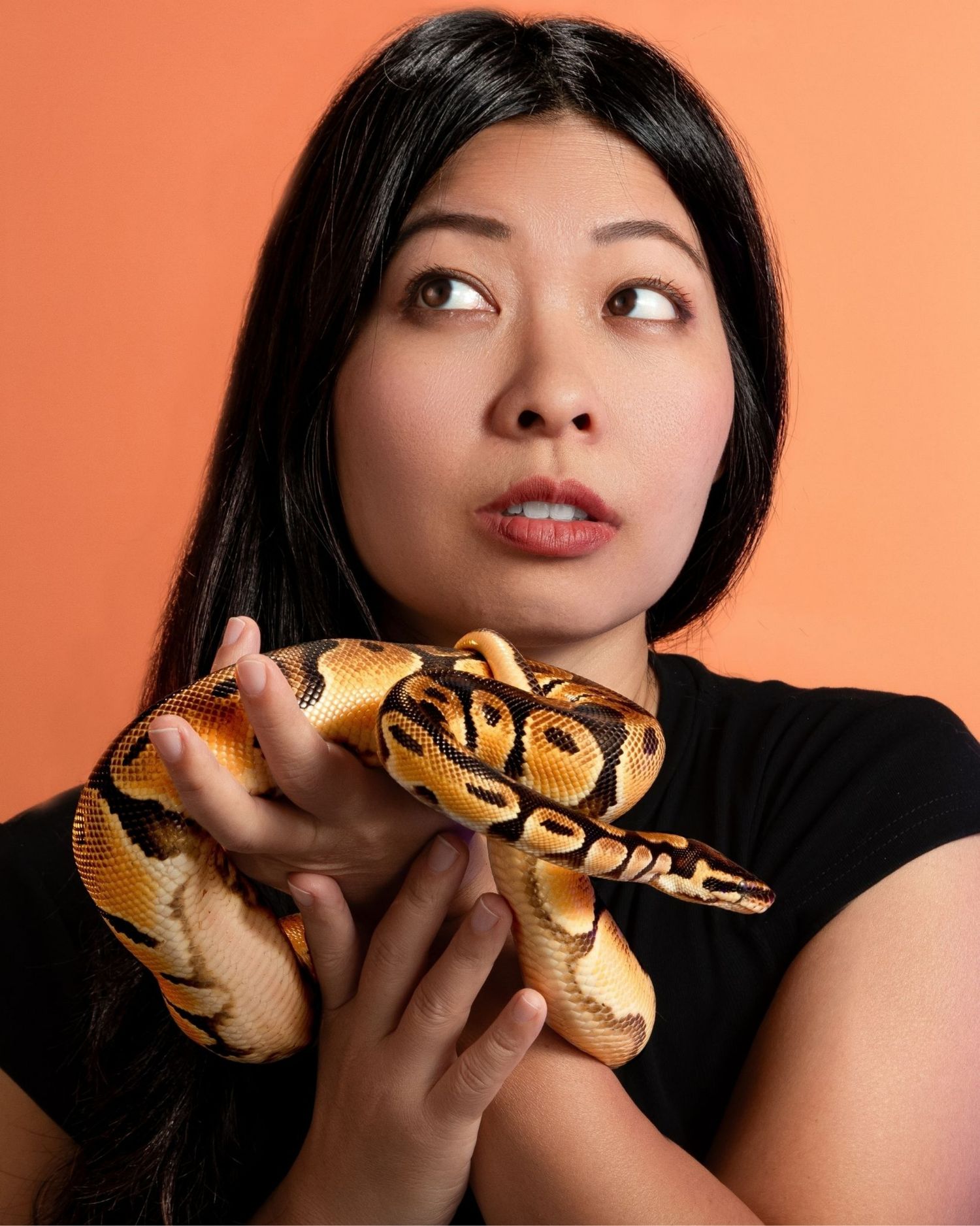 Creative portrait photography featuring a woman holding a python snake in a bold editorial studio concept.