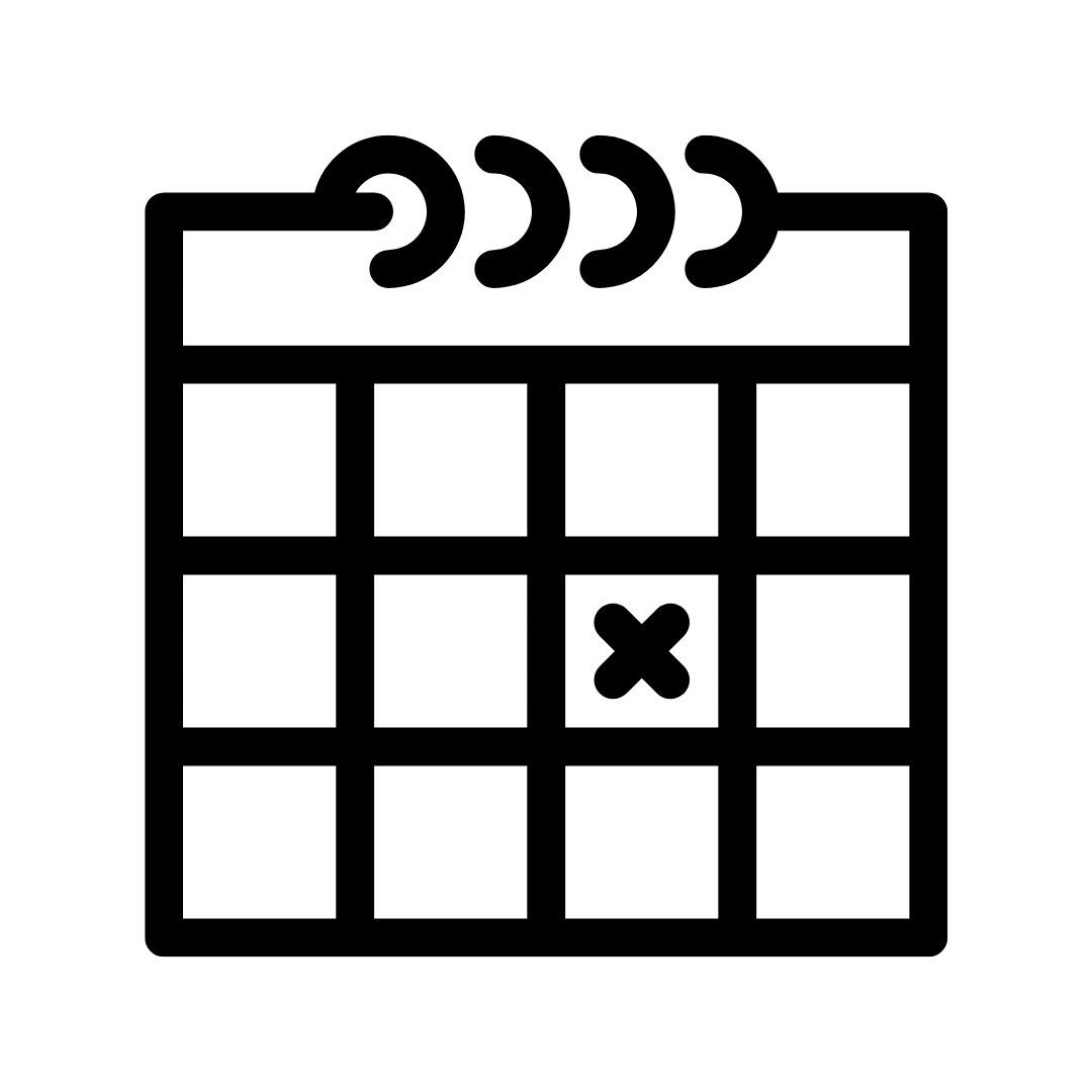 Black and white calendar icon with a grid layout and an X mark, representing a canceled or blocked date.