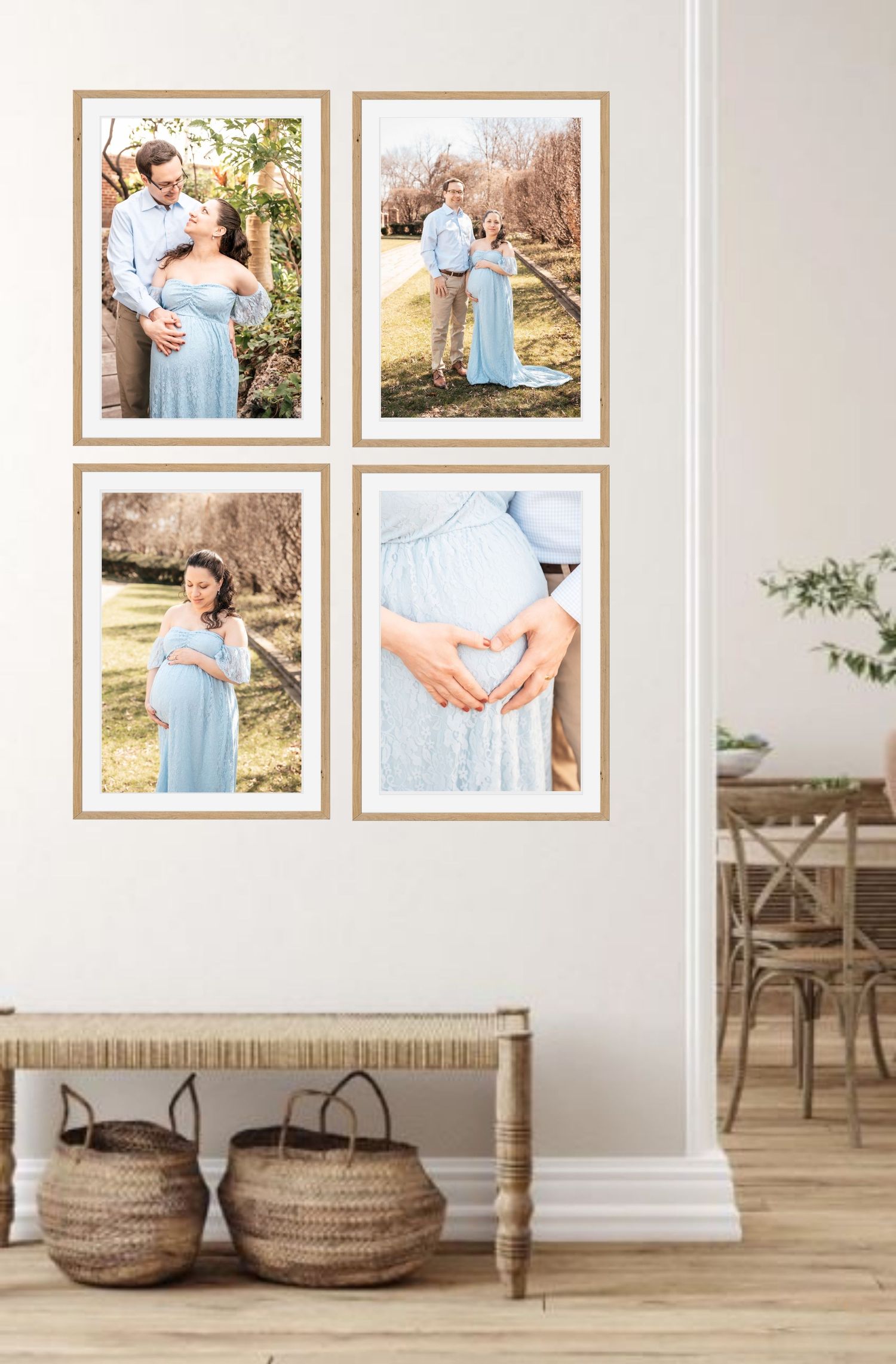 Gallery wall display featuring framed portrait photographs in a modern, neutral-toned room setting.