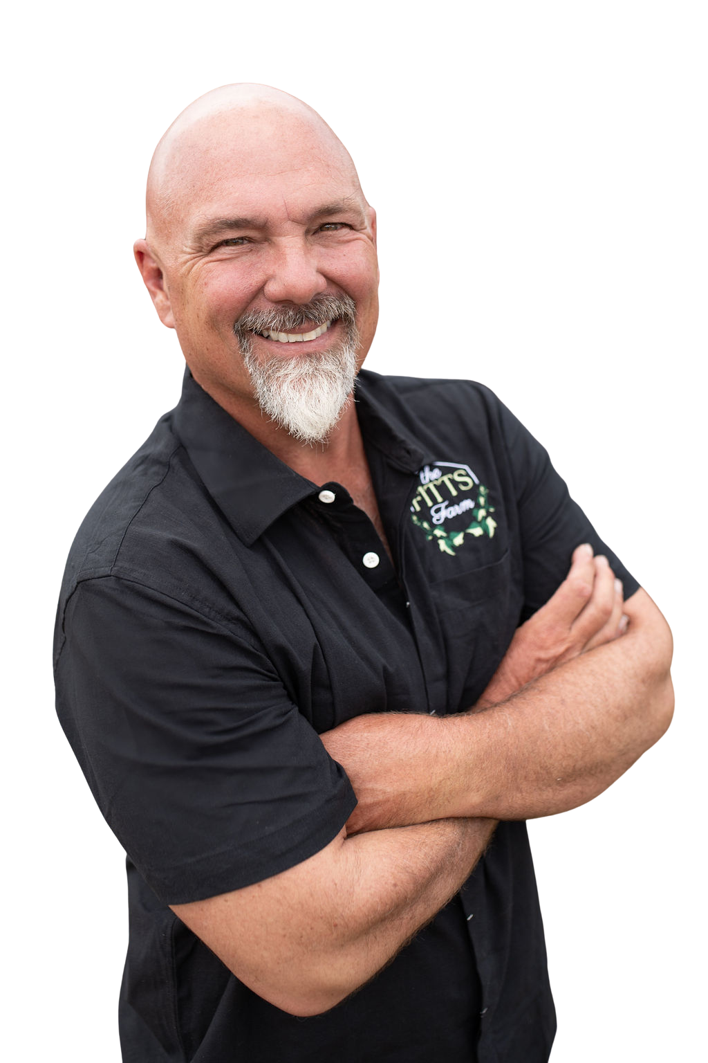 Professional headshots of person in black polo shirt with logo against white background.