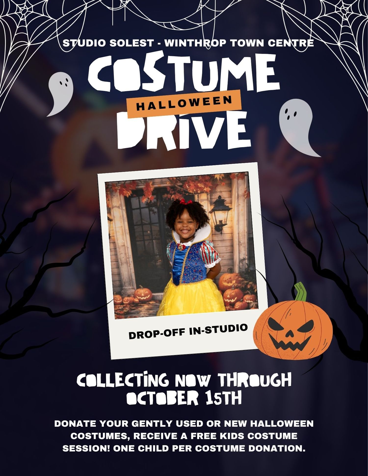 Halloween costume drive flyer featuring a child in Snow White costume, collecting donations through October 15th at Studio Solest.