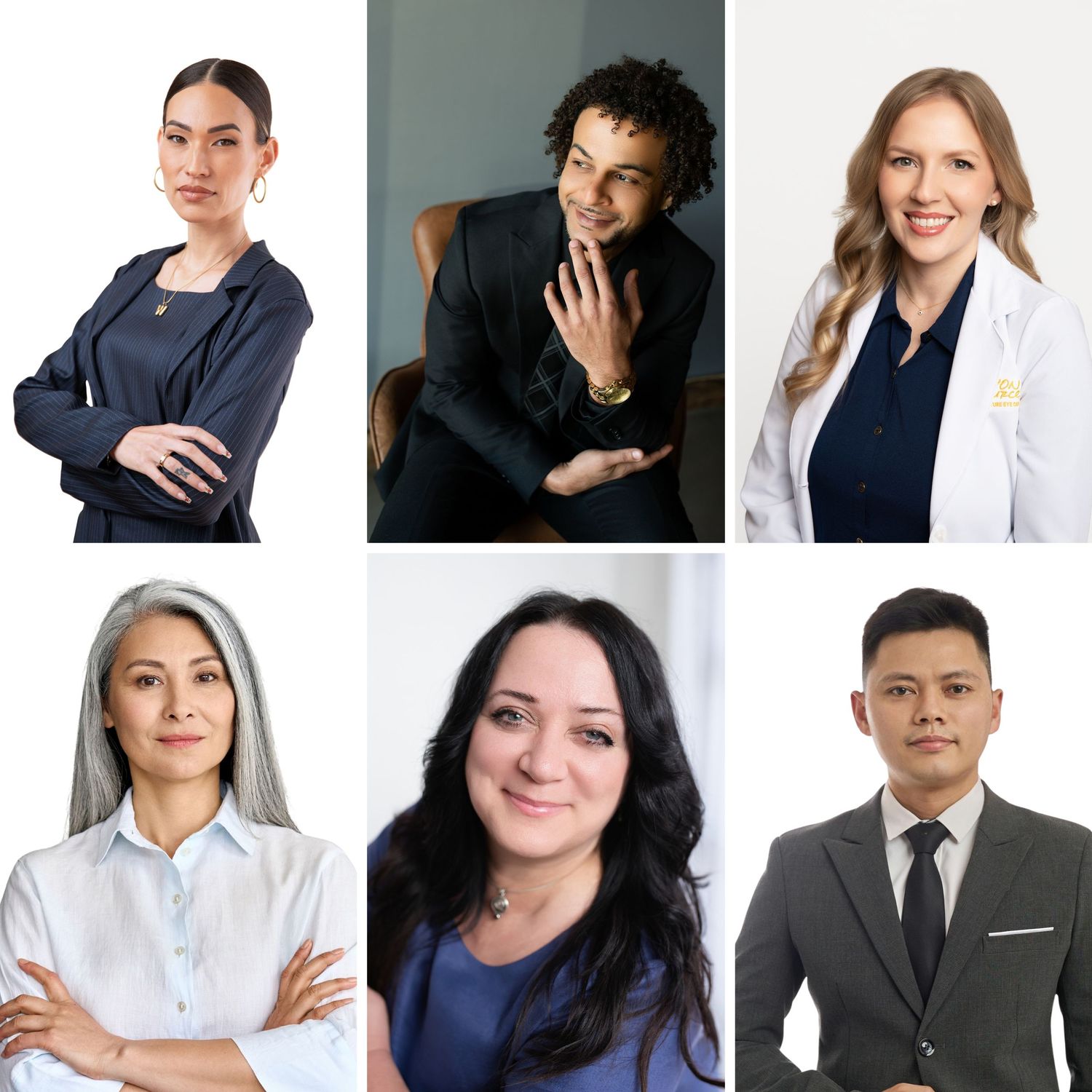 Professional headshots of six business professionals in formal attire against neutral backgrounds.