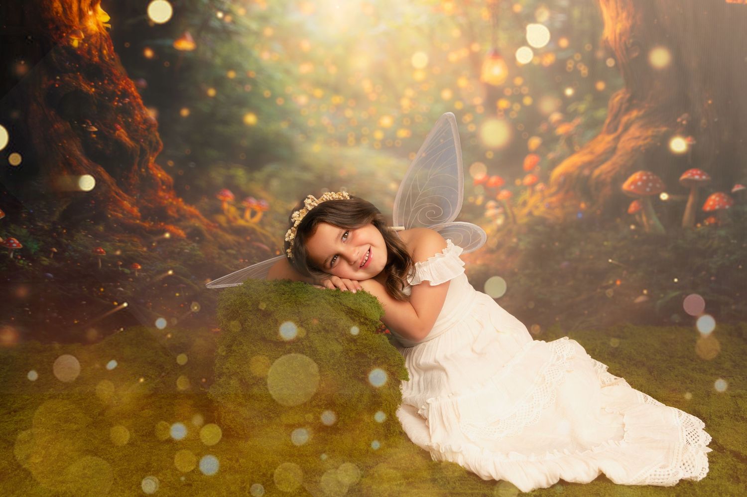 A young girl in a white dress with fairy wings rests on moss in an enchanted forest with magical bokeh lights.