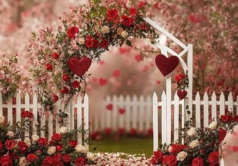 Romantic garden setting with blooming red roses and white picket fence in soft lighting.