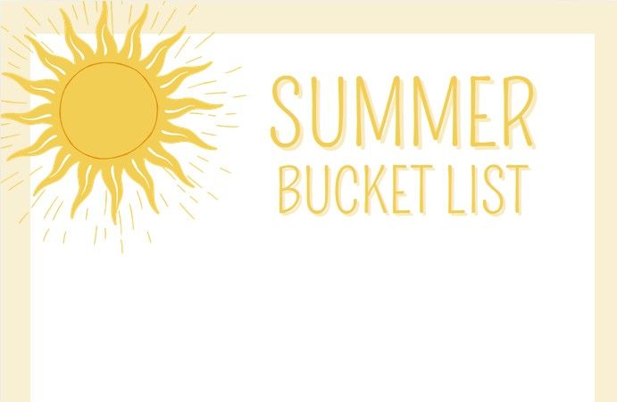 Yellow sun illustration with Summer Bucket List text on white background, perfect for seasonal planning and goal setting.