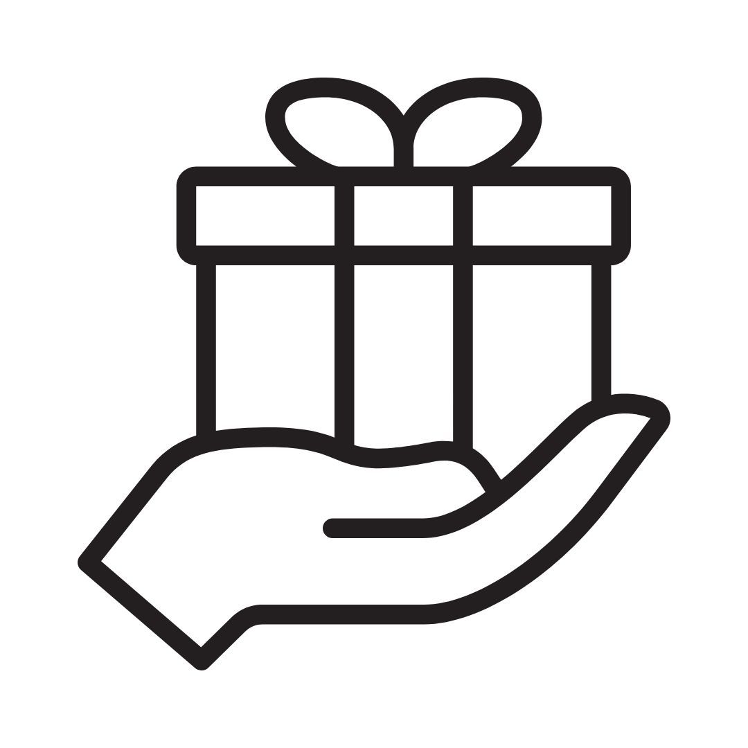 Hand holding a gift box with ribbon bow icon, representing giving, generosity, or rewards in outline style.