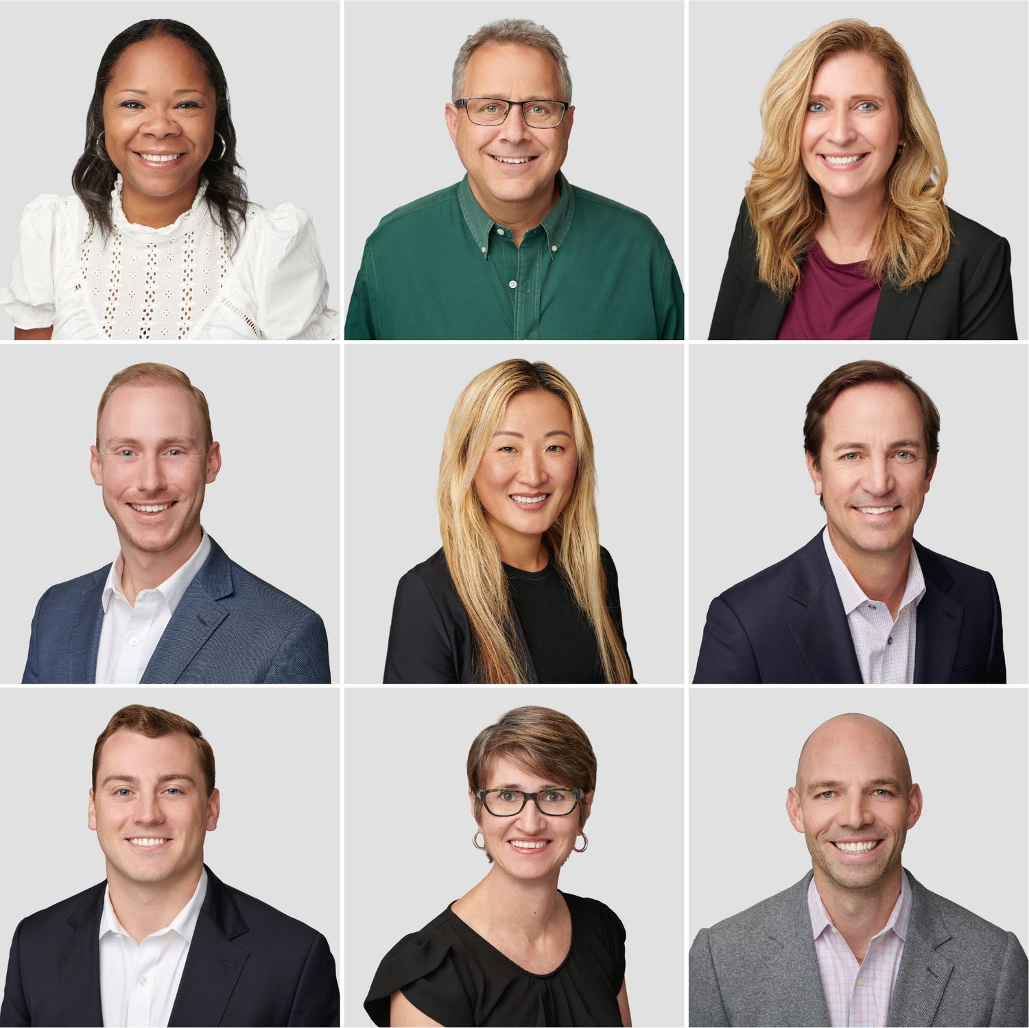 Grid of professional headshots showing diverse business people smiling at camera.