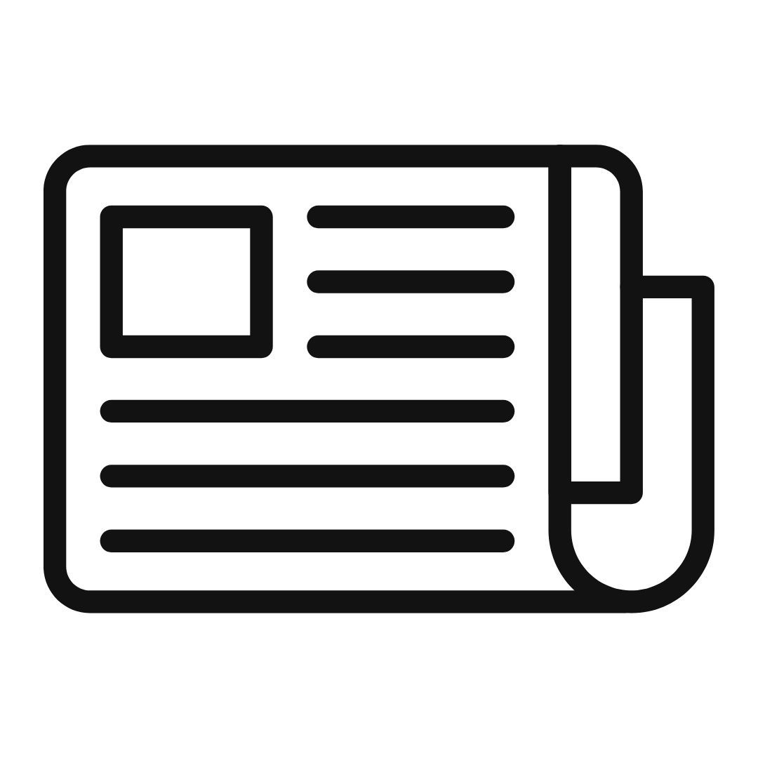 Black outline icon of a newspaper with headline, image placeholder, and text lines on white background.
