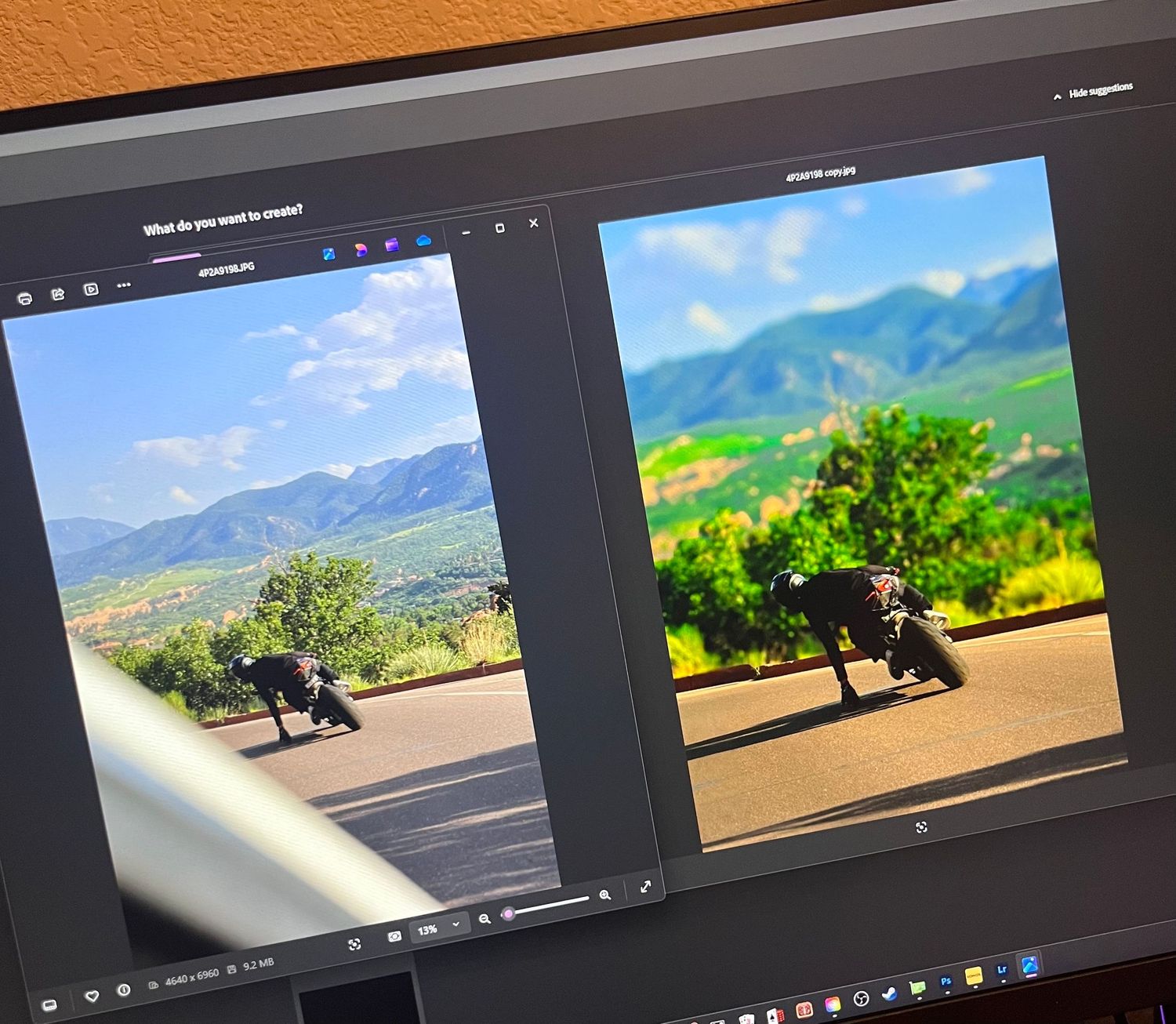 Photo editing software showing two landscape images with mountains in the background.
