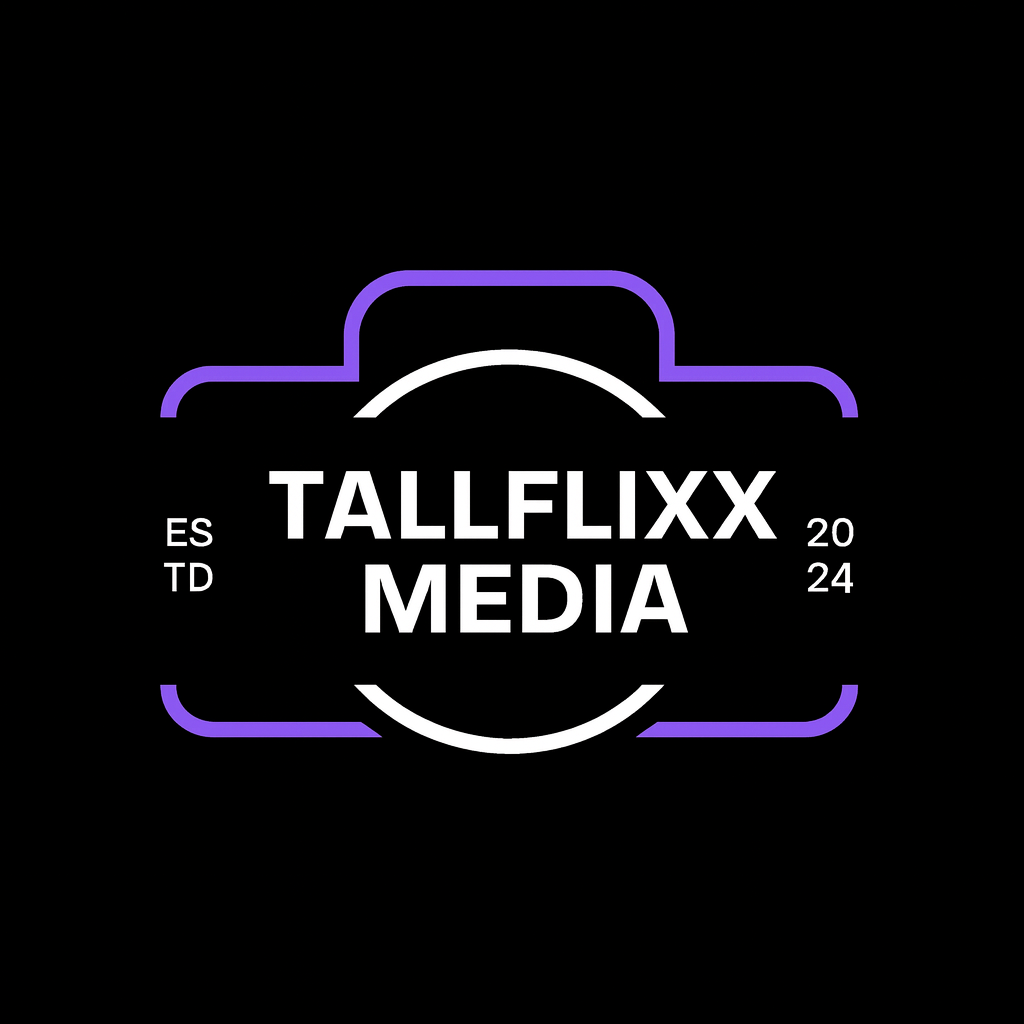 Three variations of a black and white logo design with TALLFLIXX MEDIA text and curved bracket elements.