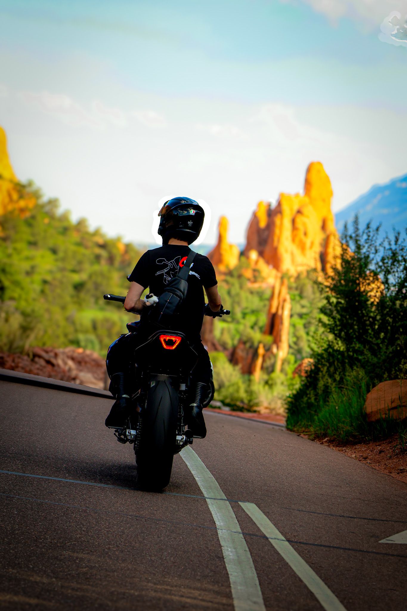 A motorcyclist rides along a winding desert road with golden rock formations and saguaro cacti in the background.