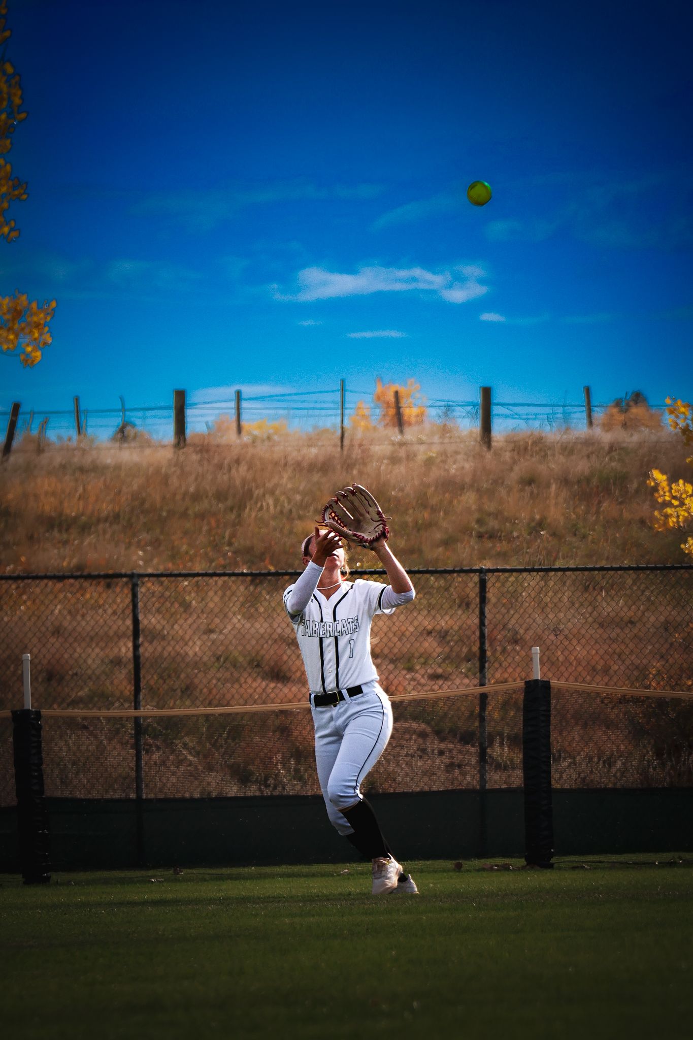 Baseball player in white uniform makes a leaping catch against a dramatic blue sky and fence background.