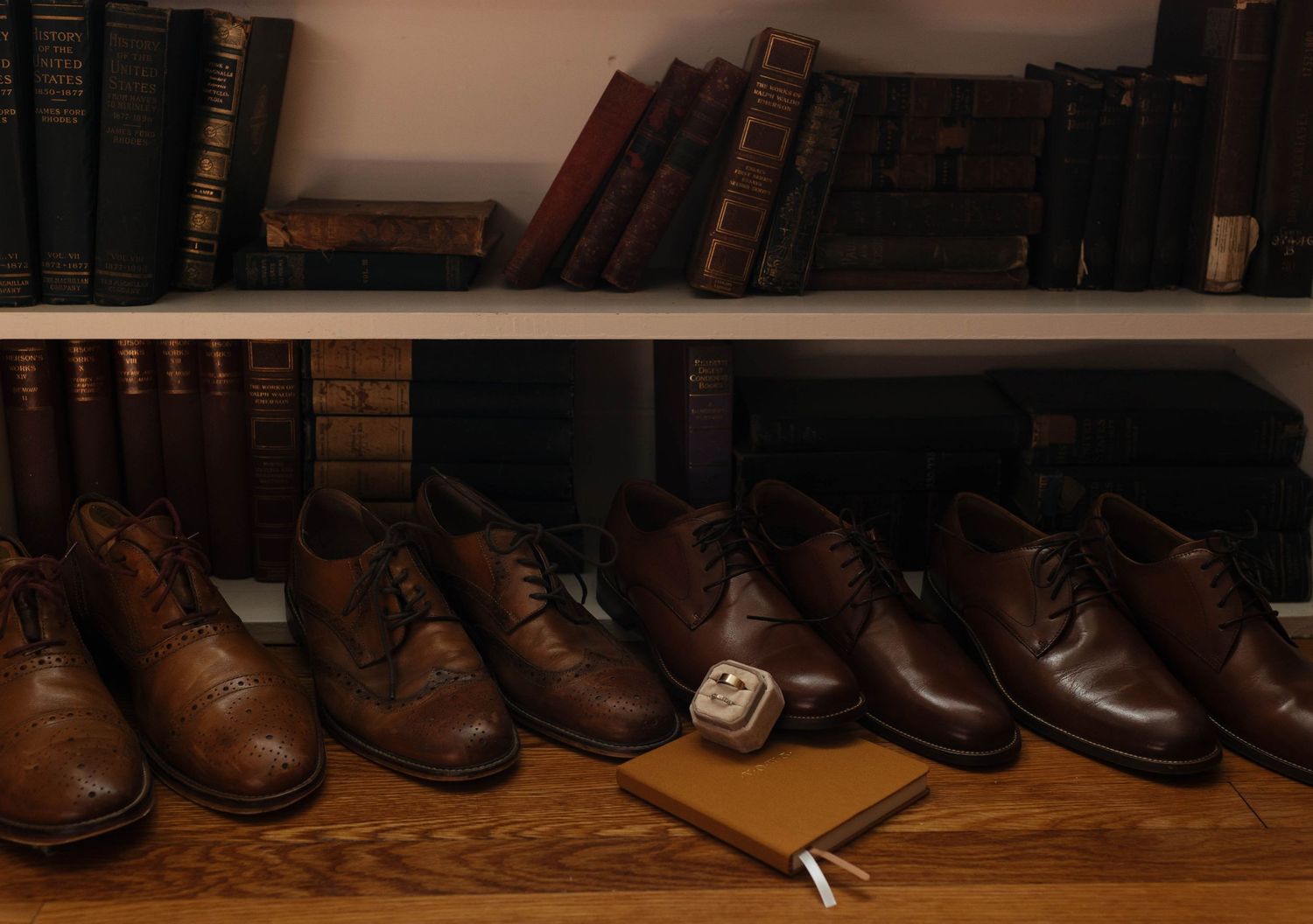 Row of brown leather dress shoes displayed on a shelf with vintage books in the background.