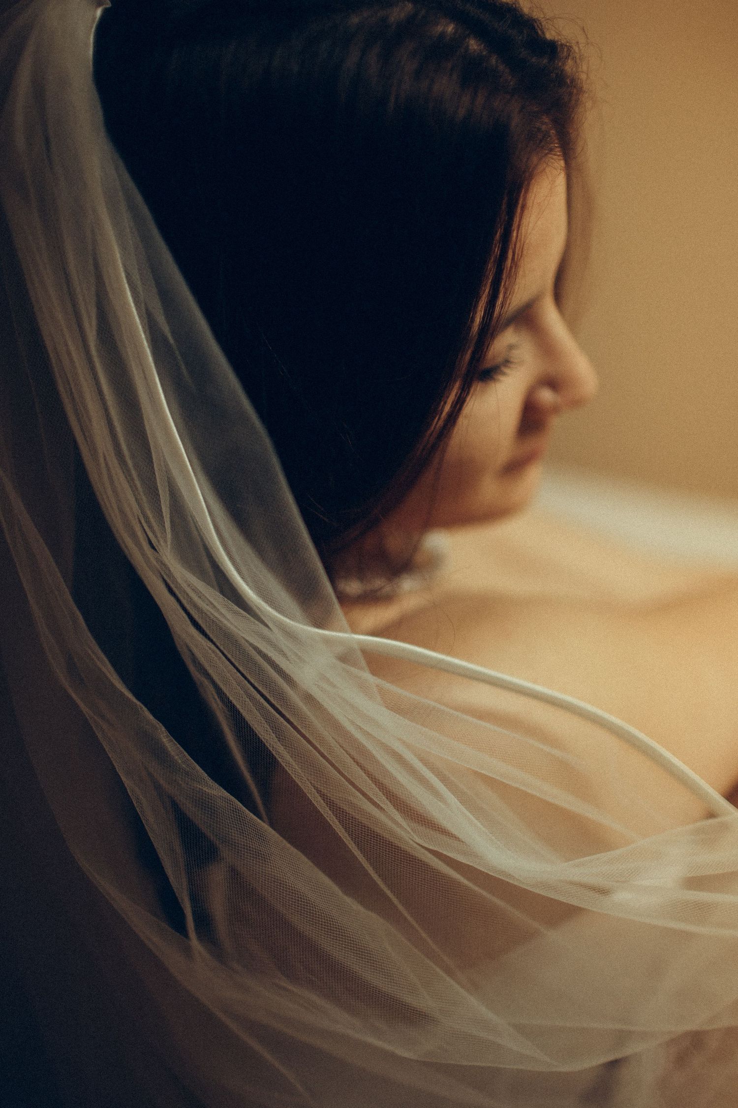 A flowing white bridal veil creates an ethereal silhouette against a warm sepia-toned background.