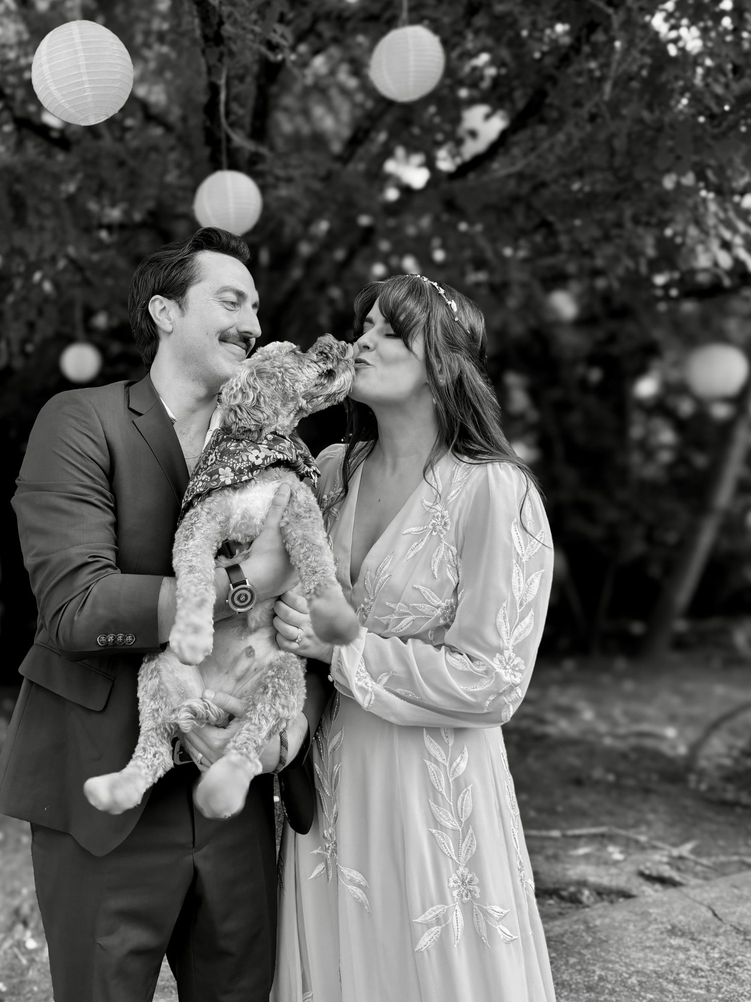 Wedding Day Dog Handler and Pet Photographer. Bride and Groom holding dog. Dog kissing the bride while husband looks lovingly at bride