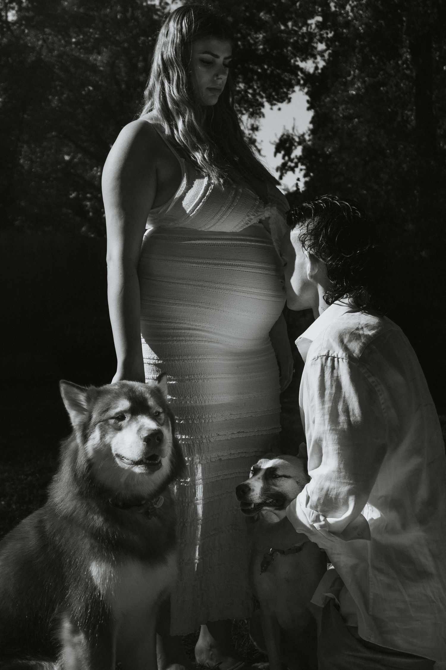 Black and white photo of a husky dog with people in casual attire outdoors.