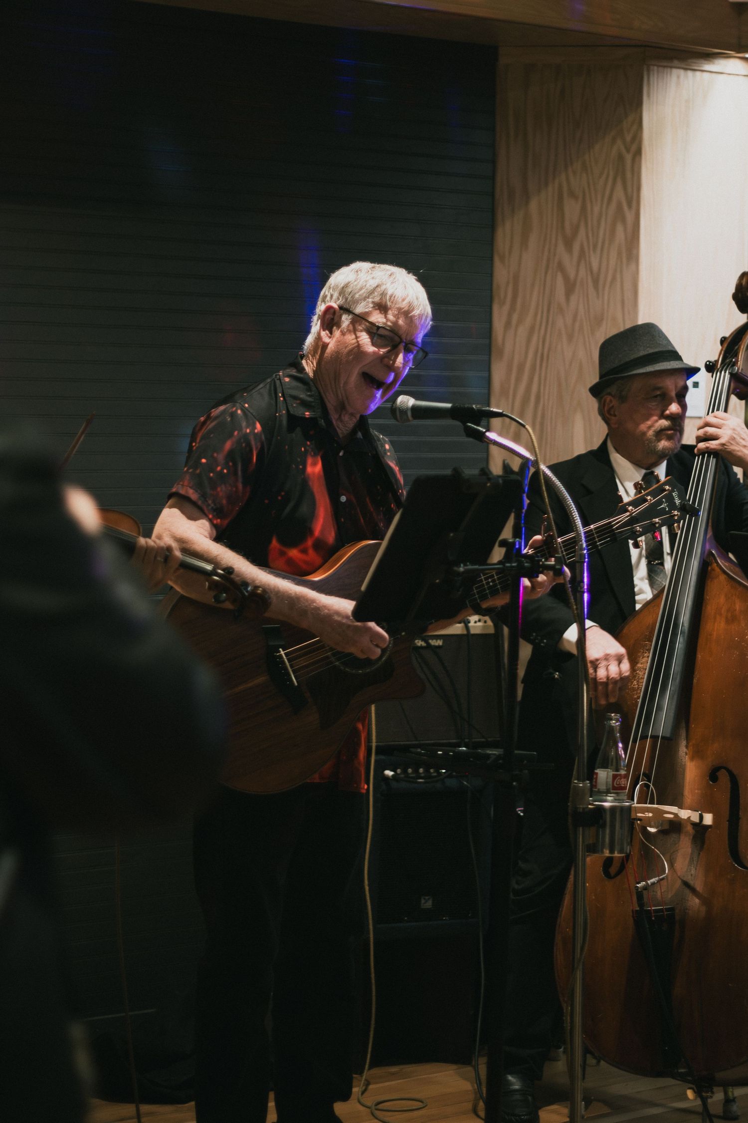 Live band performance with guitarist singing into microphone and upright bass player in black hat on stage.