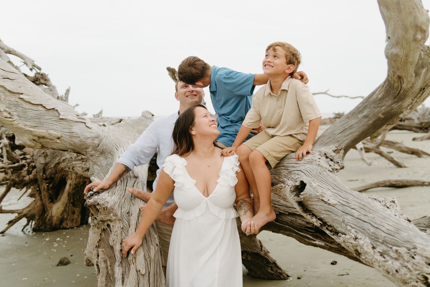 Family of four laughing together around large driftwood on a sandy beach.