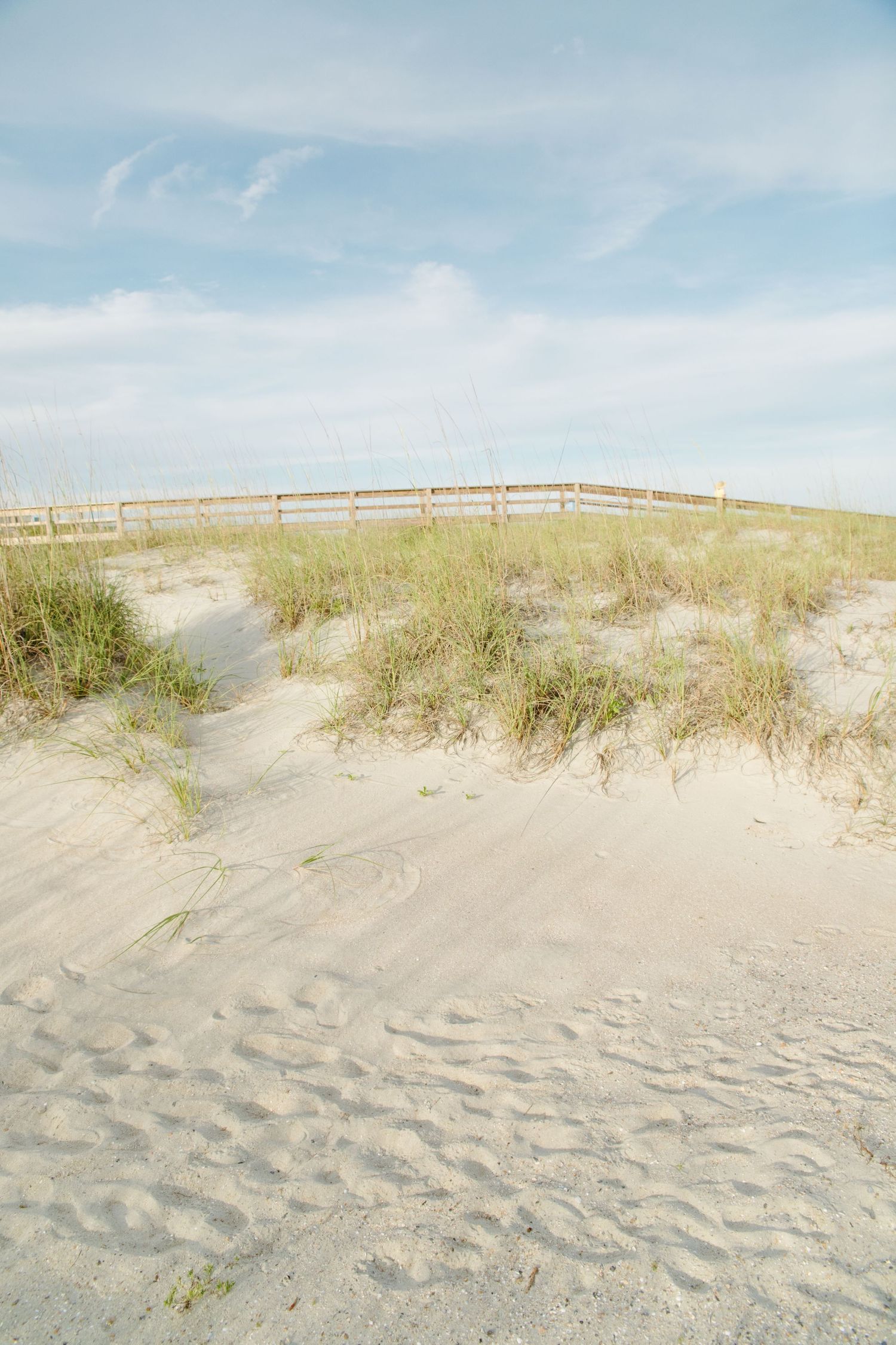 Sandy beach dunes with sea grass and wooden fence under blue sky.