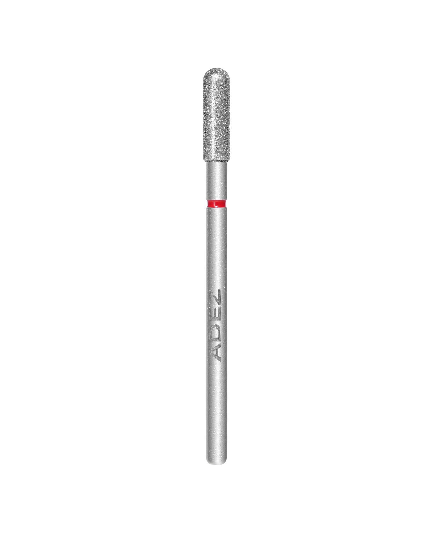 ADEZ cylindrical rounded top diamond nail drill bit with red fine grit band for manicures.