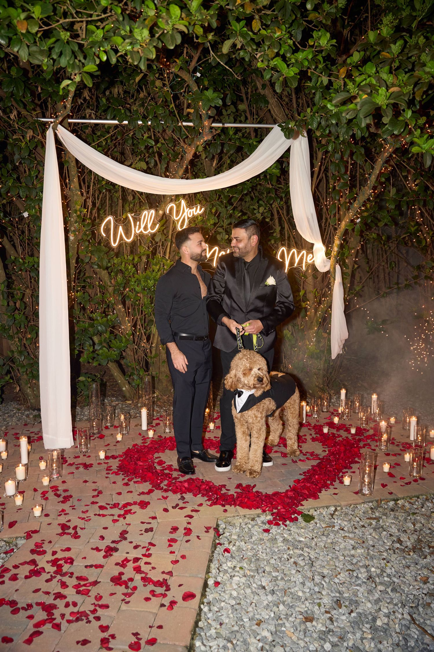 Romantic outdoor proposal setup with neon sign, rose petals, candles, two men, and a dog in a tuxedo.