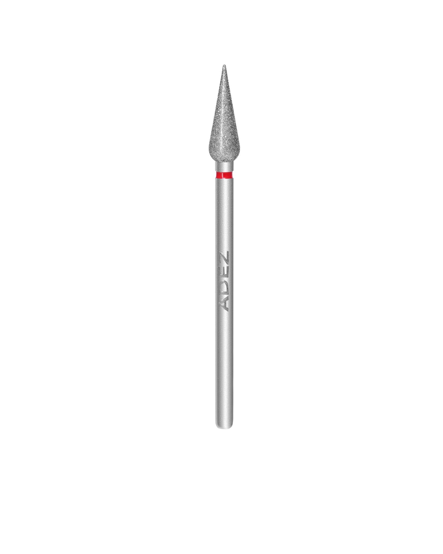 ADEZ diamond nail drill bit with pointed flame shape and red fine grit band for nail care.