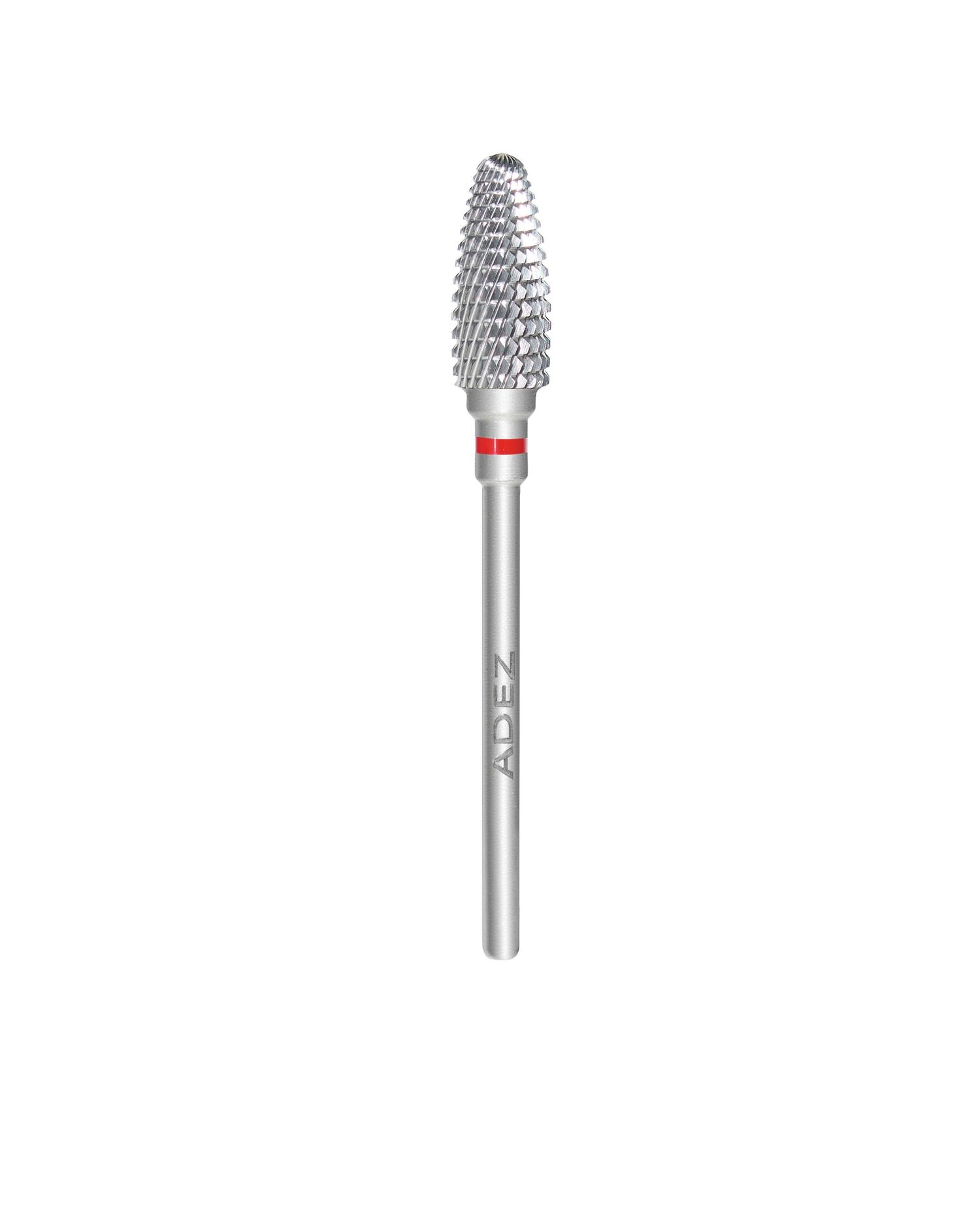 ADEZ carbide nail drill bit with tapered cone shape and red fine grit band for manicures.