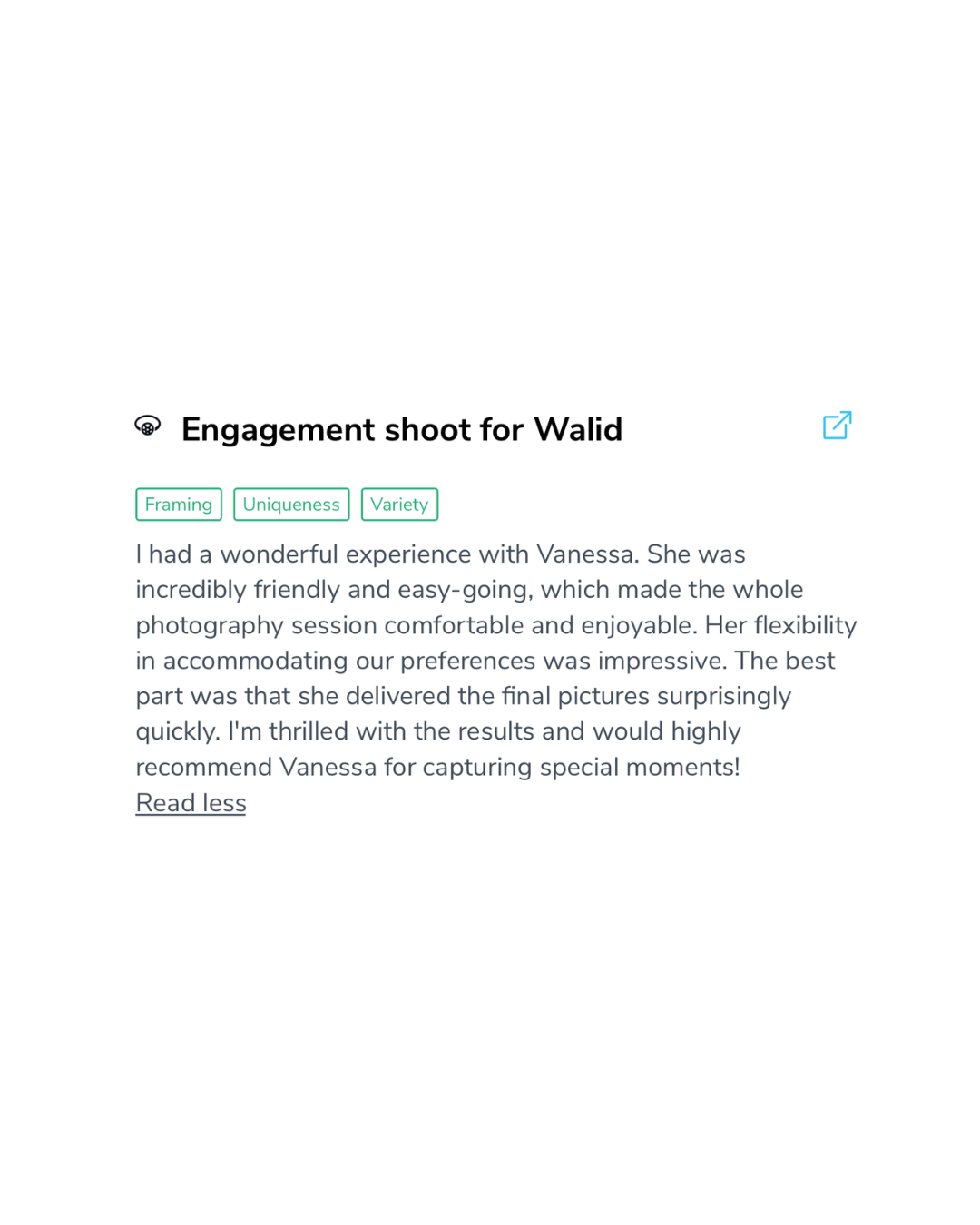 Testimonials from client about engagement proposal photo session