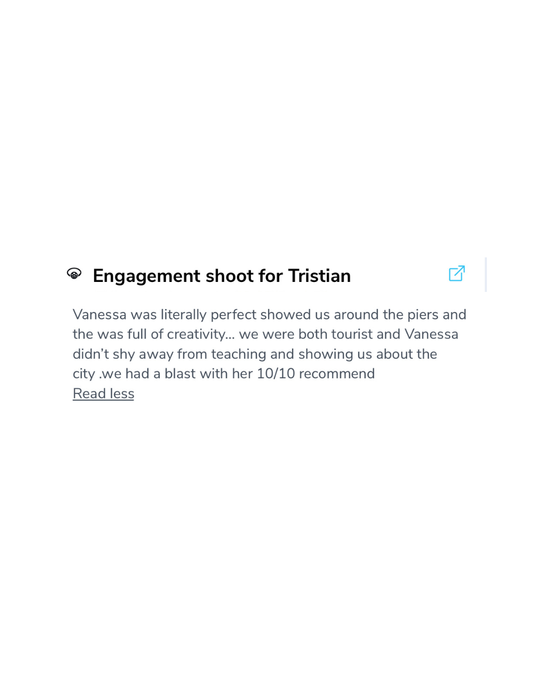Testimonials from client about engagement proposal photo session