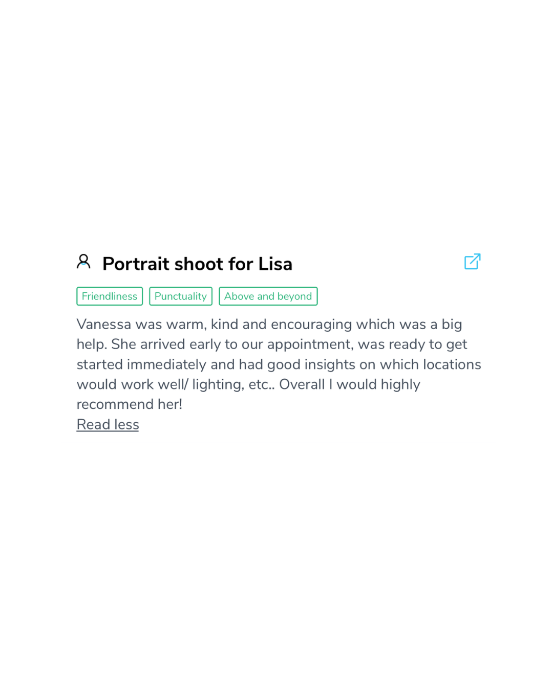 Testimonials from client about portrait photo session