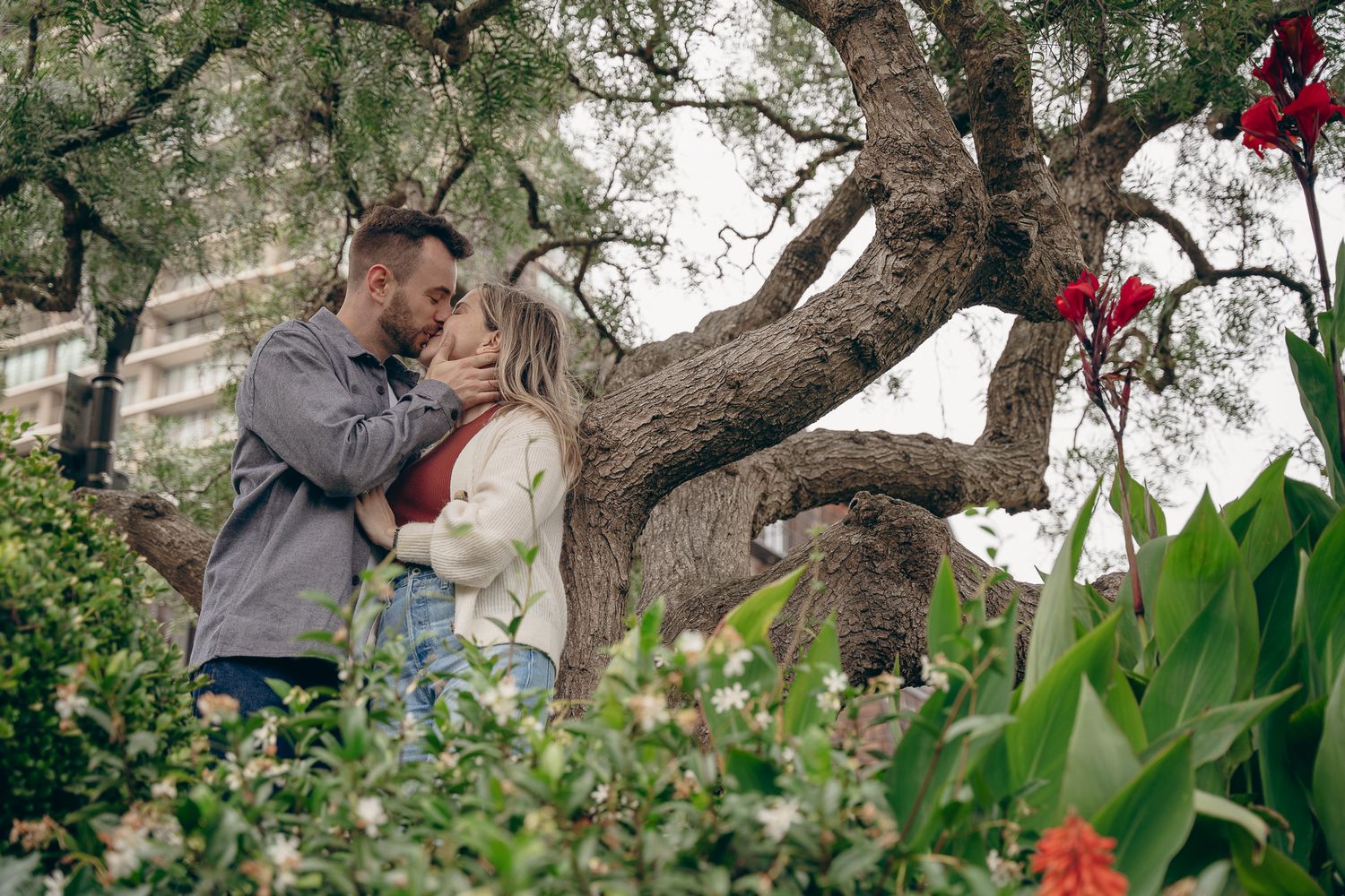 True color photograph of a couple in the quiet, breathless moment of a proposal