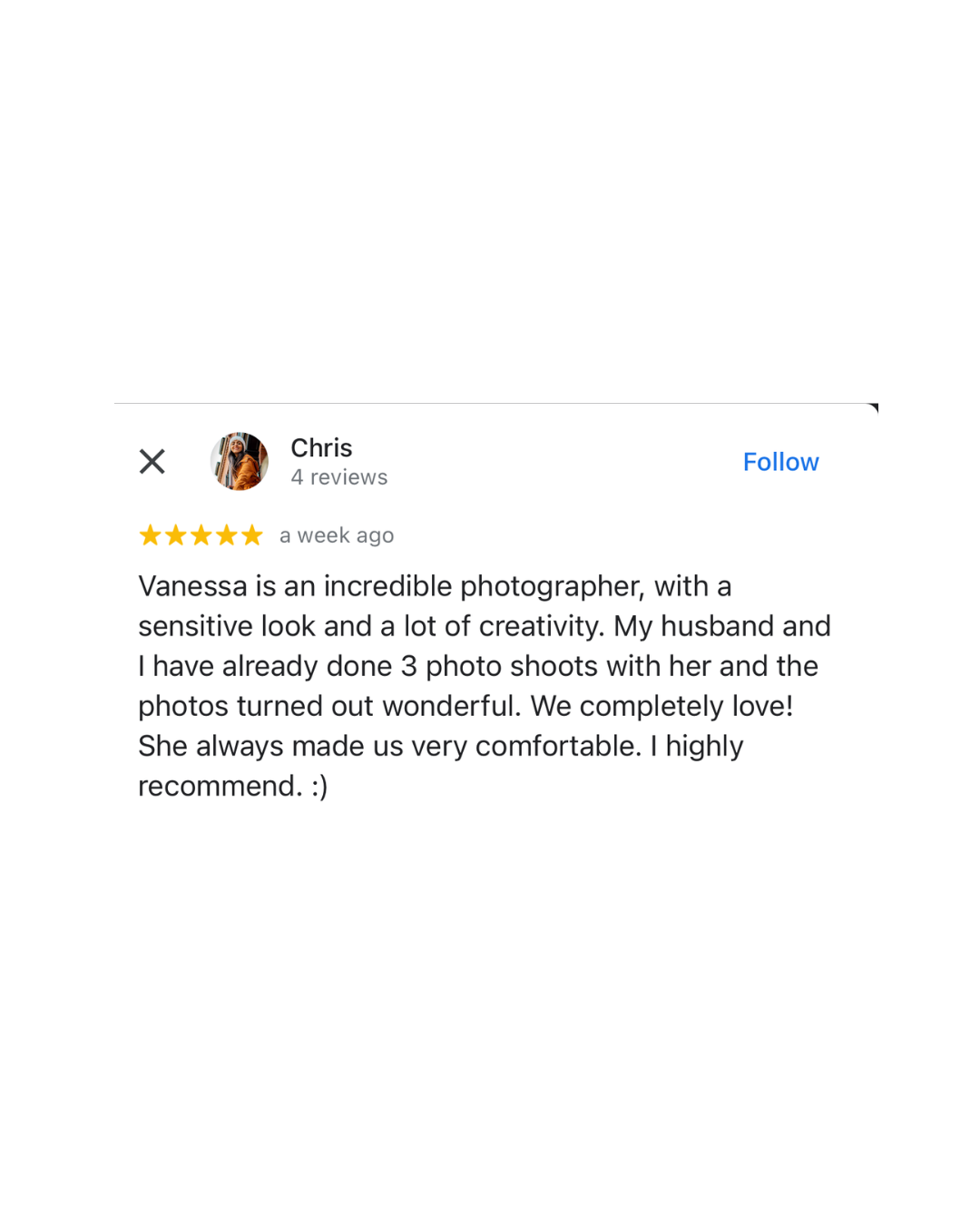 Testimonials from client about couple photo session
