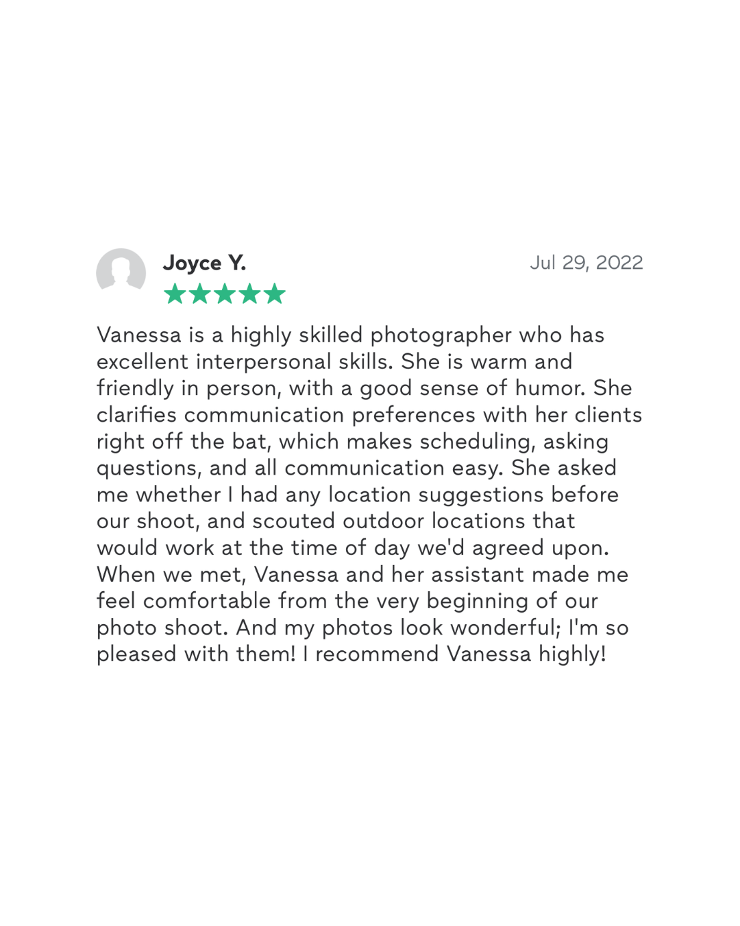 Testimonials from client about portrait photo session