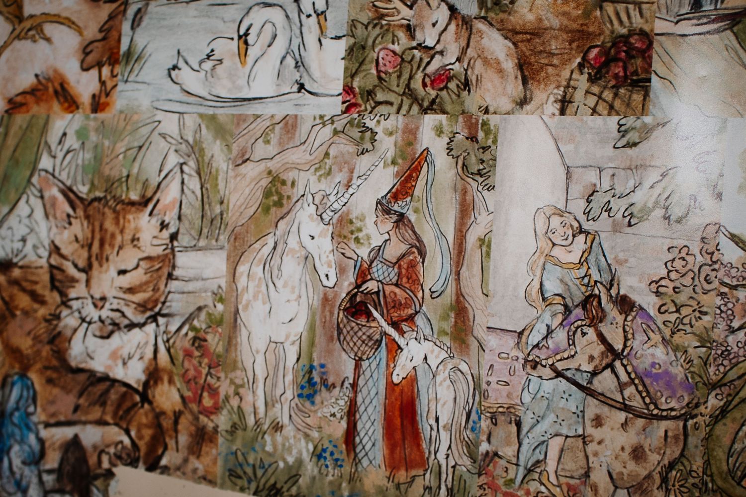 A collage of whimsical fairy tale illustrations featuring a cat, horses, and storybook characters in soft watercolor tones.