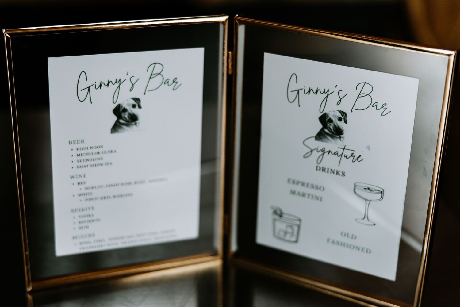 Elegant framed wedding bar menu signs for Ginny's Bar featuring signature cocktails and drink options.