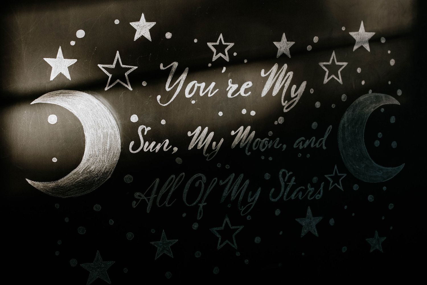 Dark celestial wall art with crescent moons, stars, and the quote You're My Sun, My Moon, and All Of My Stars.