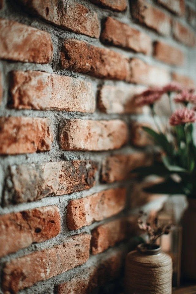 Rustic red brick wall with textured mortar joints, a ceramic vase, and pink flowers in soft bokeh background.