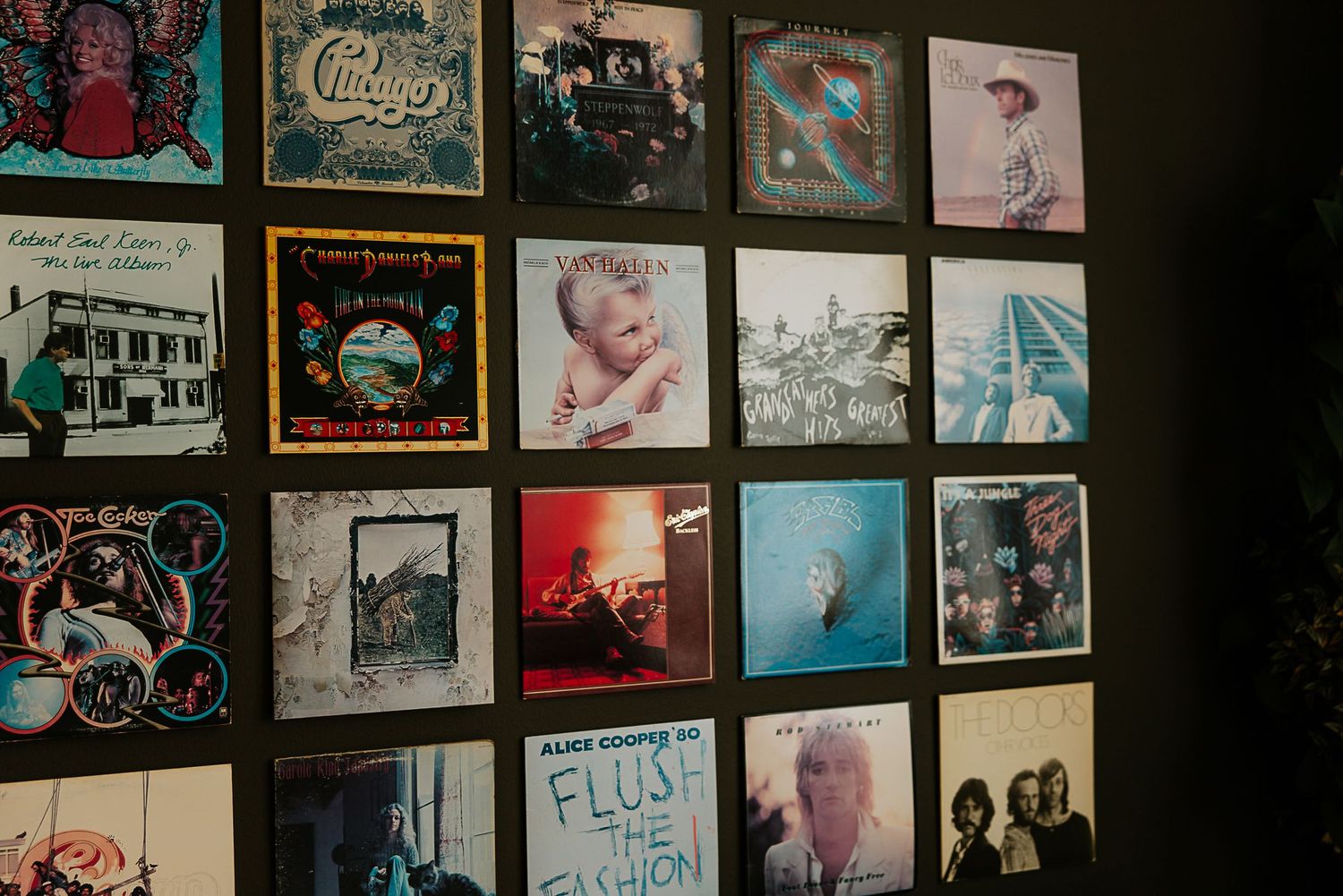 Collection of vintage vinyl record album covers displayed on a dark wall as wedding venue decor.