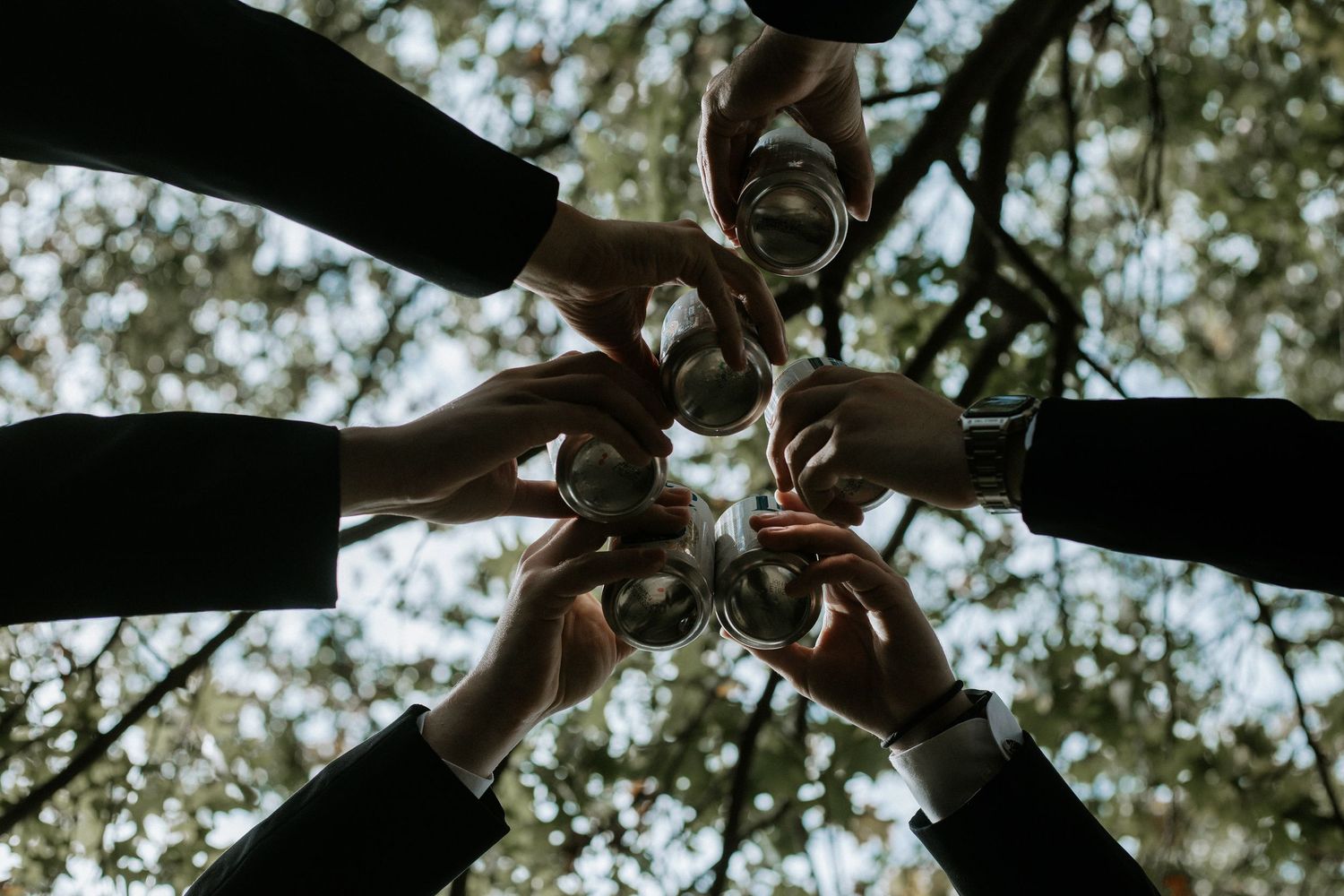 Wedding guests toasting with glasses from below against a canopy of green trees in Cincinnati, Ohio.