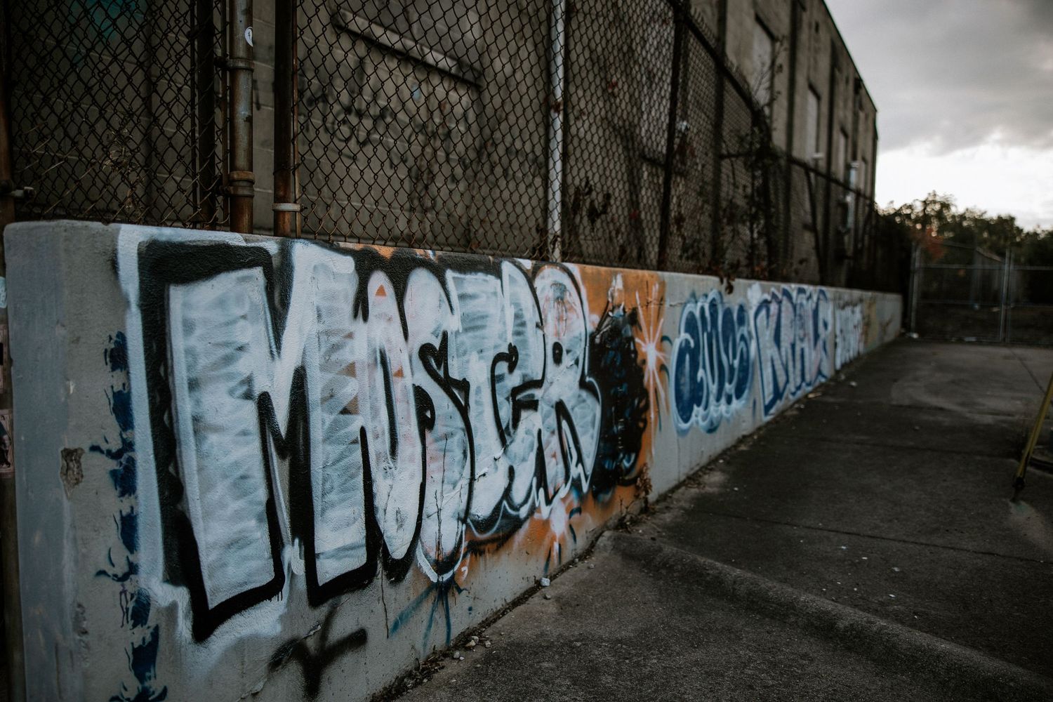 Graffiti-covered concrete wall with bold lettering beside a chain-link fence in an urban setting at Urban Artifact in Cincinnati, Ohio