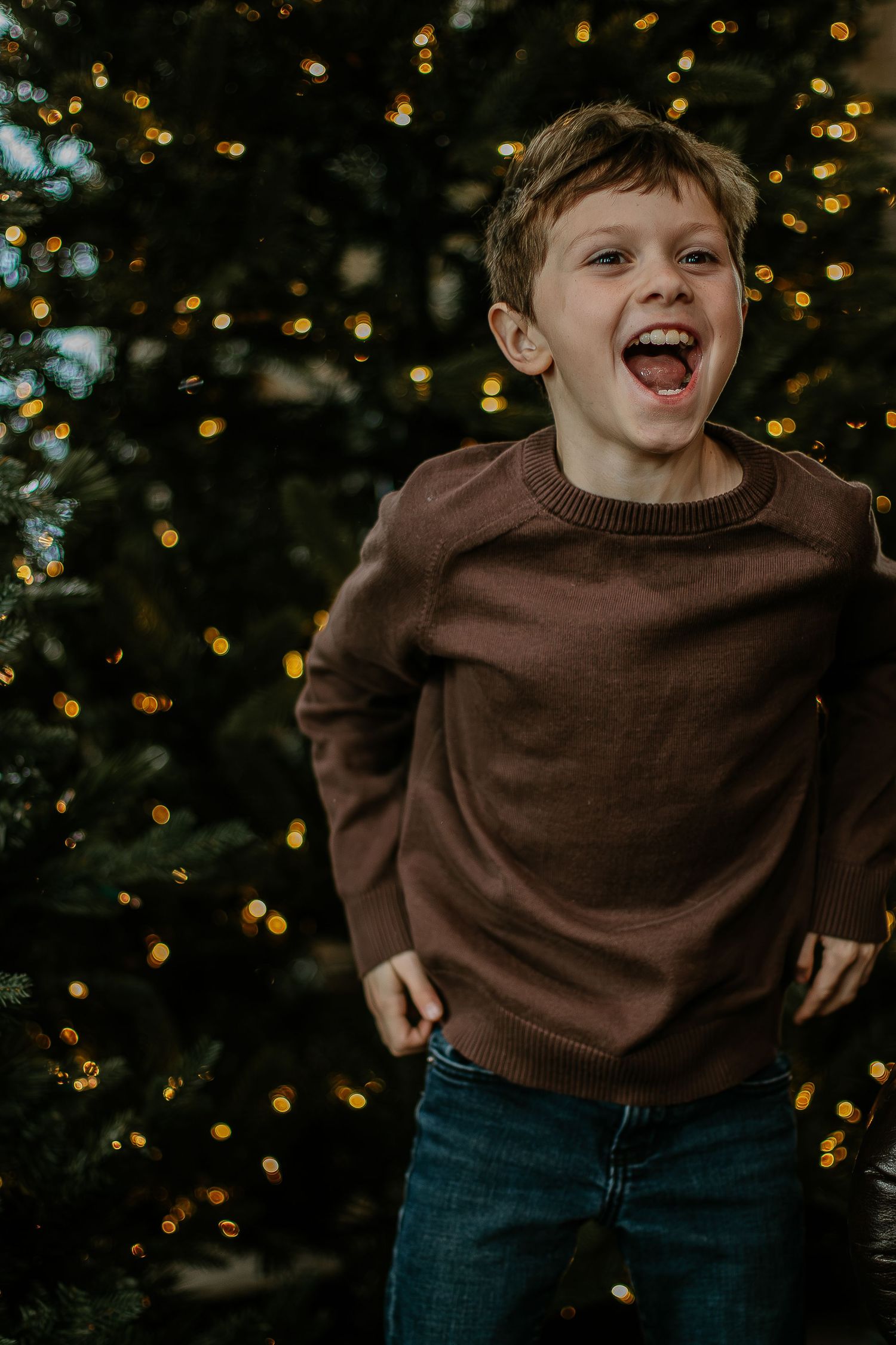 Excited boy in brown sweater laughing in front of a lit Christmas tree at Mill Street Studios in Cincinnati, Ohio.